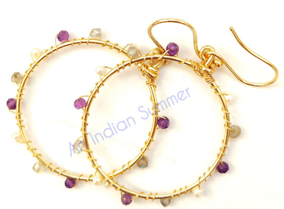 Gem Hoops Earrings | Amethyst Fresh Water Pearls | 24 Carat Gold Plated | Semi Precious Jewellery | An Indian Summer | Seasonless Timeless Sustainable Ethical Authentic Artisan Conscious Clothing Lifestyle Brand