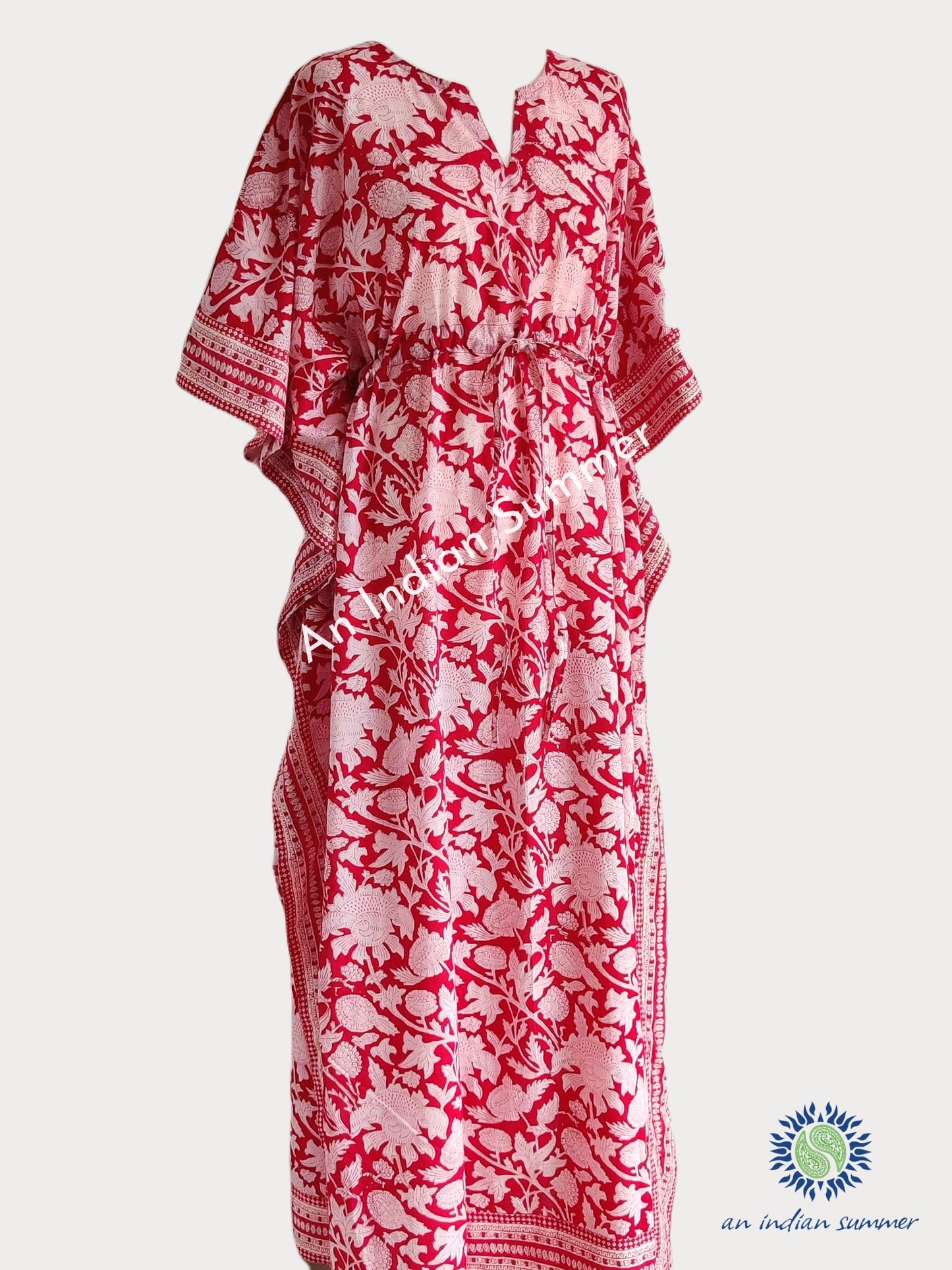 Red Long Kaftan | Thistle | Botanical Print | Wood Block Print | Hand Printed | Cotton | An Indian Summer | Seasonless Timeless Sustainable Ethical Authentic Artisan Conscious Clothing Lifestyle Brand