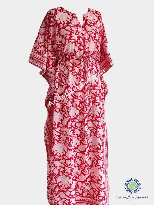 Red Long Kaftan | Thistle | Botanical Print | Wood Block Print | Hand Printed | Cotton | An Indian Summer | Seasonless Timeless Sustainable Ethical Authentic Artisan Conscious Clothing Lifestyle Brand