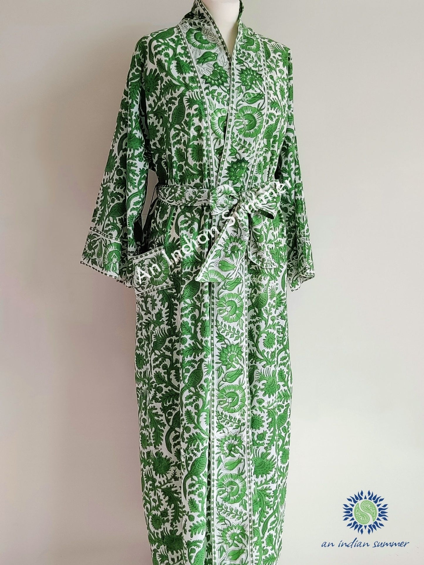 Long Kimono Robe | Birdsong | Green | Wood Block Print | Hand Block Printed | Cotton | An Indian Summer | Seasonless Timeless Sustainable Ethical Authentic Artisan Conscious Clothing Lifestyle Brand