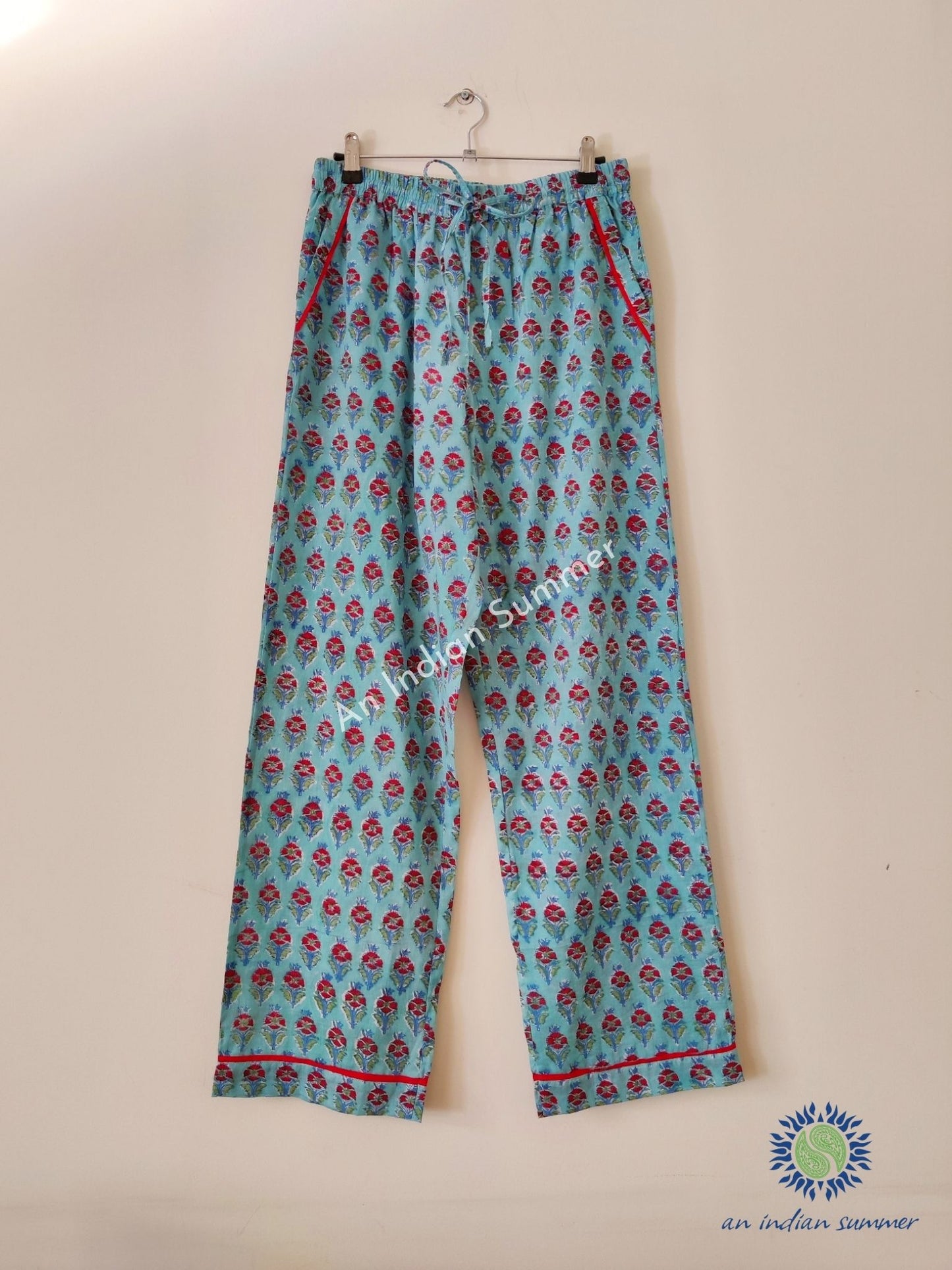 Lounge Set Jasmine Aqua | Short Kimono Robe & Lounge Pants | Hand Block Printed | Cotton | An Indian Summer | Seasonless Timeless Sustainable Ethical Authentic Artisan Conscious Clothing Lifestyle Brand