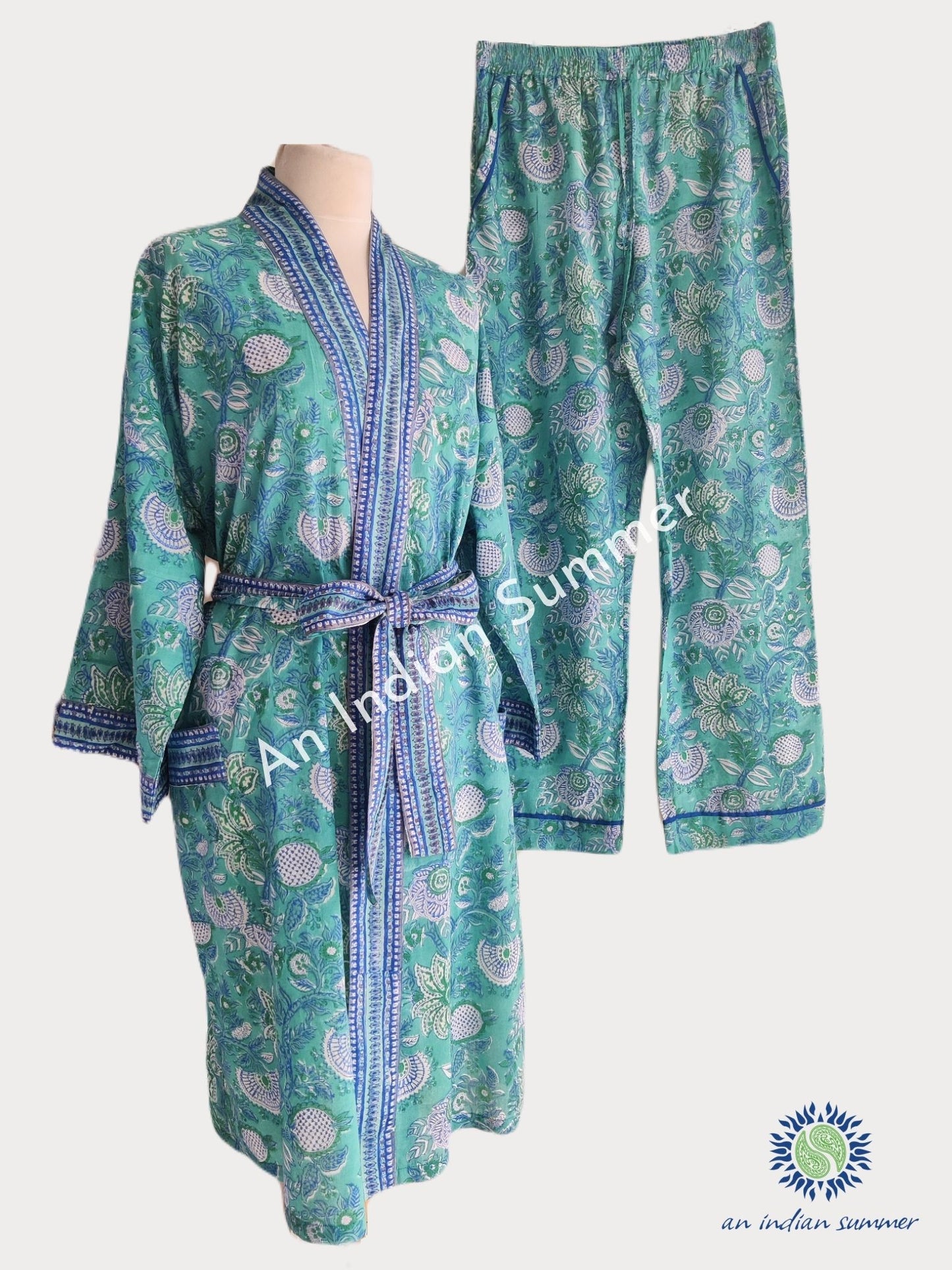 Lounge Set Tapestry Aqua | Short Kimono Robe & Lounge Pants | Hand Block Printed | Cotton | An Indian Summer | Seasonless Timeless Sustainable Ethical Authentic Artisan Conscious Clothing Lifestyle Brand