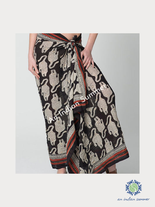 Black Tiger Sarong Pareo | Natural Dyed Plant Dye | Abstract Tiger Design Block Print | Hand Block Printed | Soft Cotton Voile | An Indian Summer | Luxury Resortwear Swimwear Beachwear | Seasonless Timeless Sustainable Ethical Authentic Artisan Conscious Clothing Lifestyle Brand