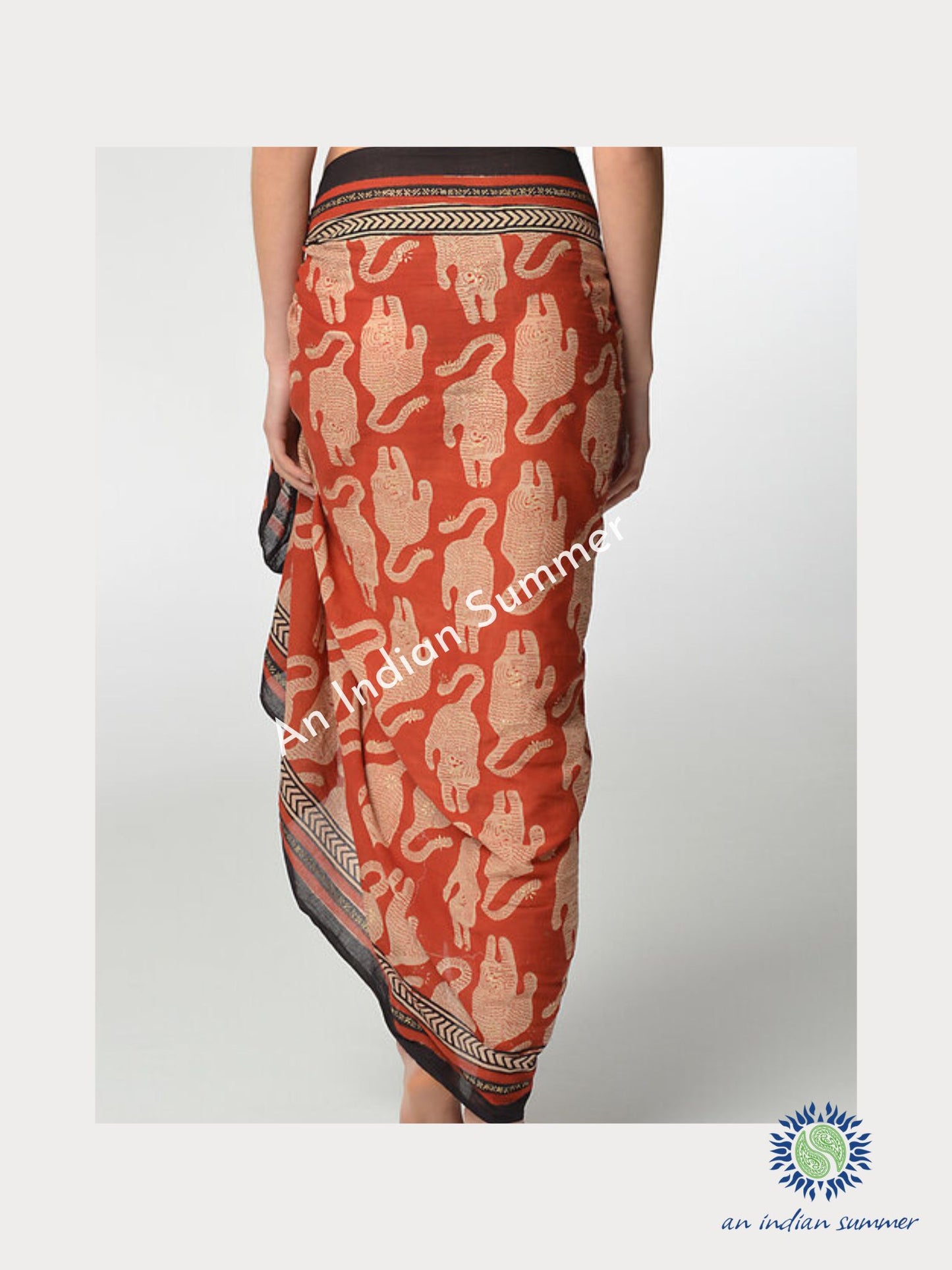 Madder Red Tiger Sarong Pareo | Natural Dyed Plant Dye | Abstract Tiger Design Block Print | Hand Block Printed | Soft Cotton Voile | An Indian Summer | Luxury Resortwear Swimwear Beachwear | Seasonless Timeless Sustainable Ethical Authentic Artisan Conscious Clothing Lifestyle Brand