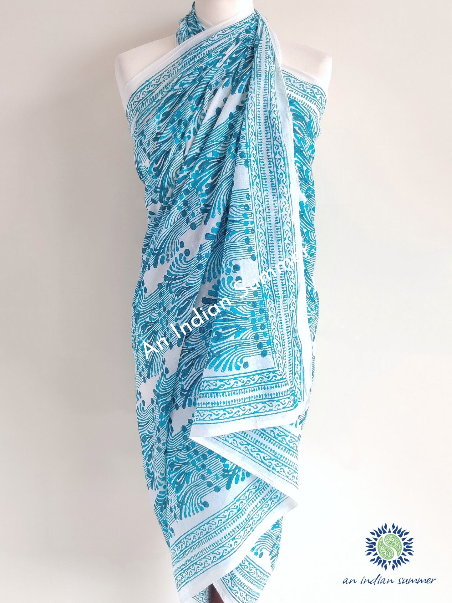 Elements Sarong Pareo | Water Agua | Teal Aqua Abstract Print | Hand Block Printed | Soft Cotton Voile | An Indian Summer | Seasonless Timeless Sustainable Ethical Authentic Artisan Conscious Clothing Lifestyle Brand