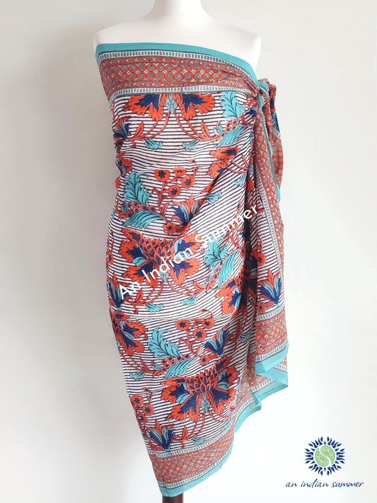 Seville Sarong Pareo | Blue & Orange Floral & Stripe Print | Hand Block Printed | Soft Cotton Voile | An Indian Summer | Resortwear Swimwear Beachwear | Seasonless Timeless Sustainable Ethical Authentic Artisan Conscious Clothing Lifestyle Brand
