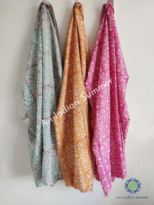 Nalini Short Kimono Robe | Lotus Block Print | Aqua Yellow Pink | Floral Block Print | Hand Block Printed | Cotton Voile | An Indian Summer | Seasonless Timeless Sustainable Ethical Authentic Artisan Conscious Clothing Lifestyle Brand