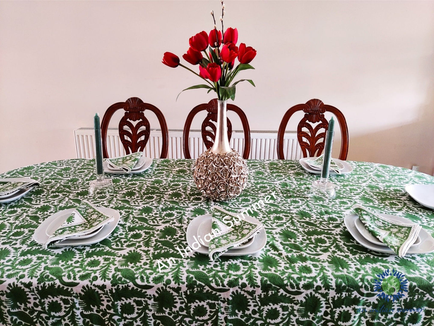 Tablecloth Napkins | Birdsong | Green | Wood Block Print | Hand Block Printed | Cotton | An Indian Summer | Seasonless Timeless Sustainable Ethical Authentic Artisan Conscious Clothing Lifestyle Brand