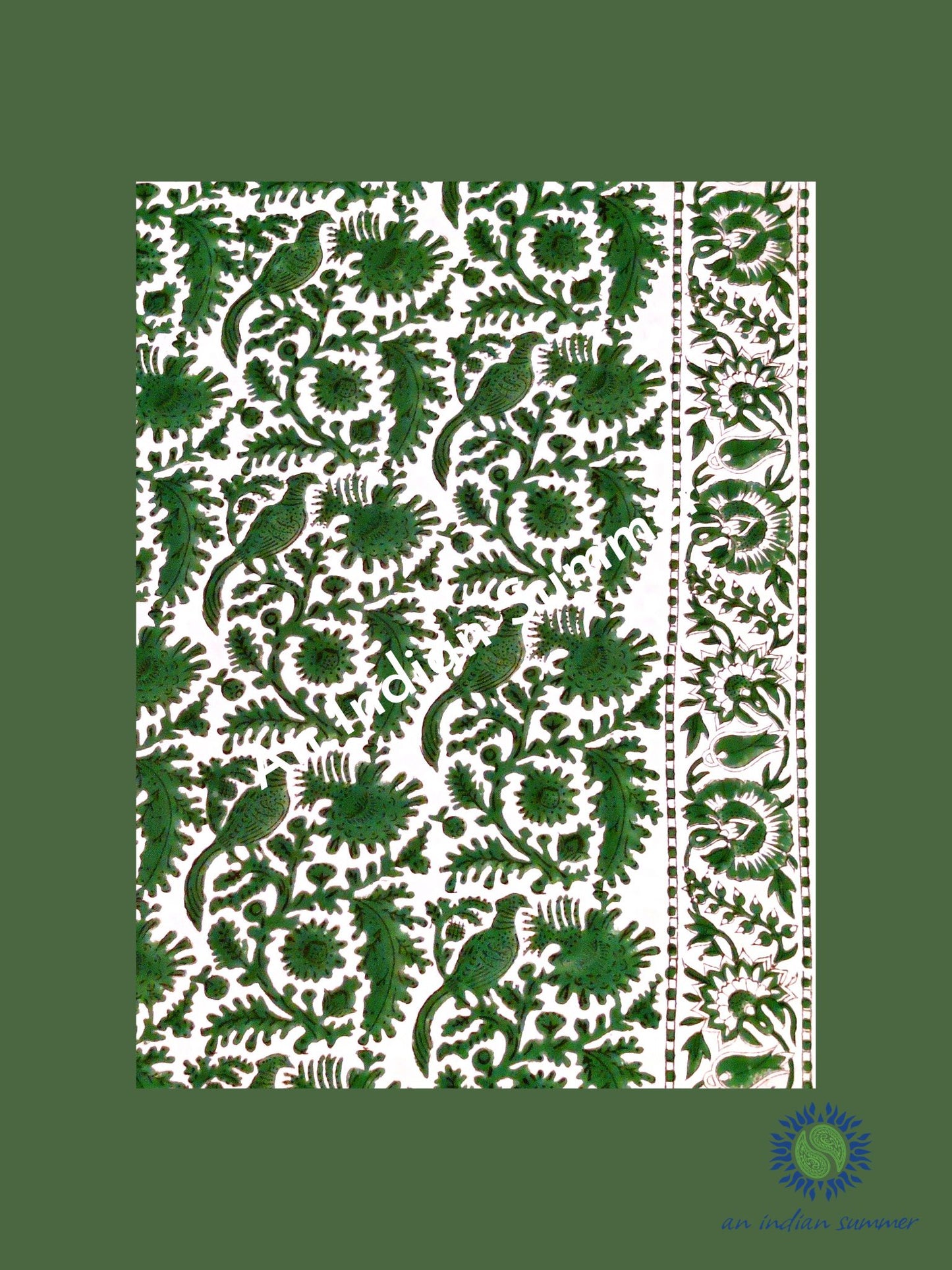 Tablecloth | Birdsong | Green | Wood Block Print | Hand Block Printed | Cotton | An Indian Summer | Seasonless Timeless Sustainable Ethical Authentic Artisan Conscious Clothing Lifestyle Brand