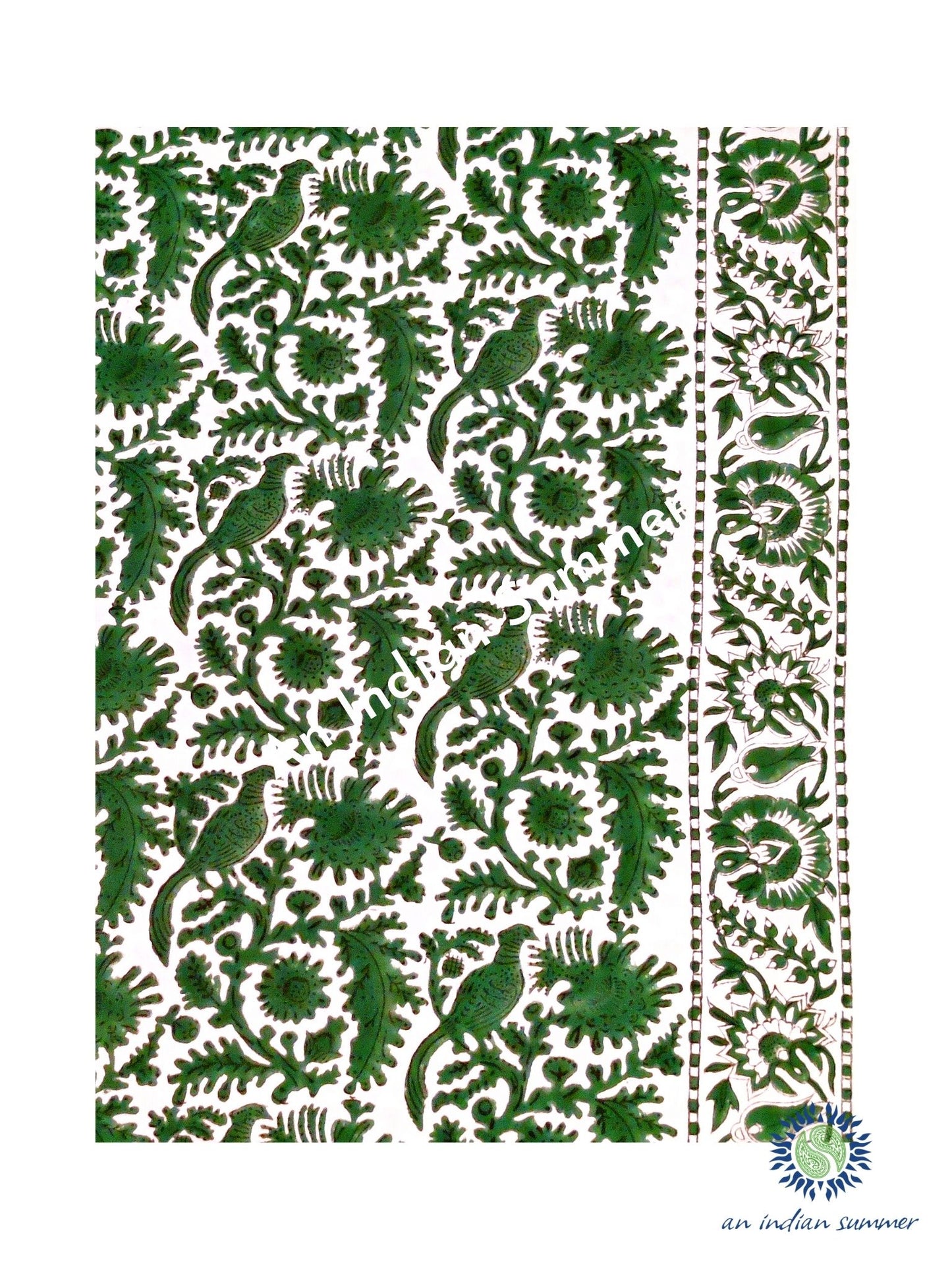Tablecloth | Birdsong | Green | Wood Block Print | Hand Block Printed | Cotton | An Indian Summer | Seasonless Timeless Sustainable Ethical Authentic Artisan Conscious Clothing Lifestyle Brand