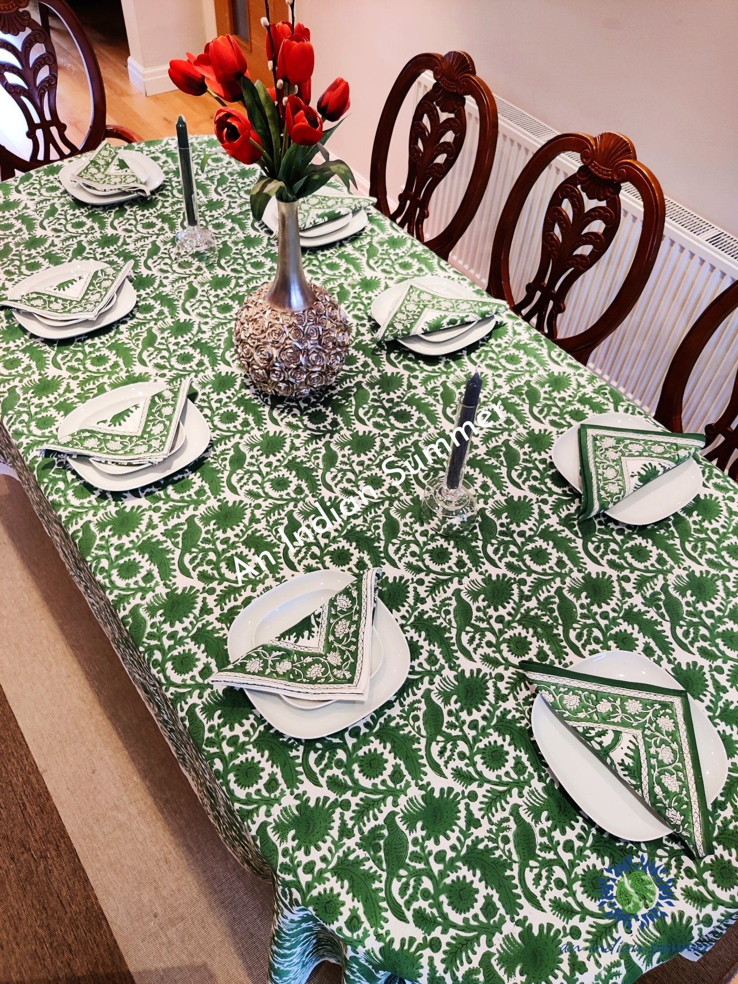 Tablecloth Napkins | Birdsong | Green | Wood Block Print | Hand Block Printed | Cotton | An Indian Summer | Seasonless Timeless Sustainable Ethical Authentic Artisan Conscious Clothing Lifestyle Brand