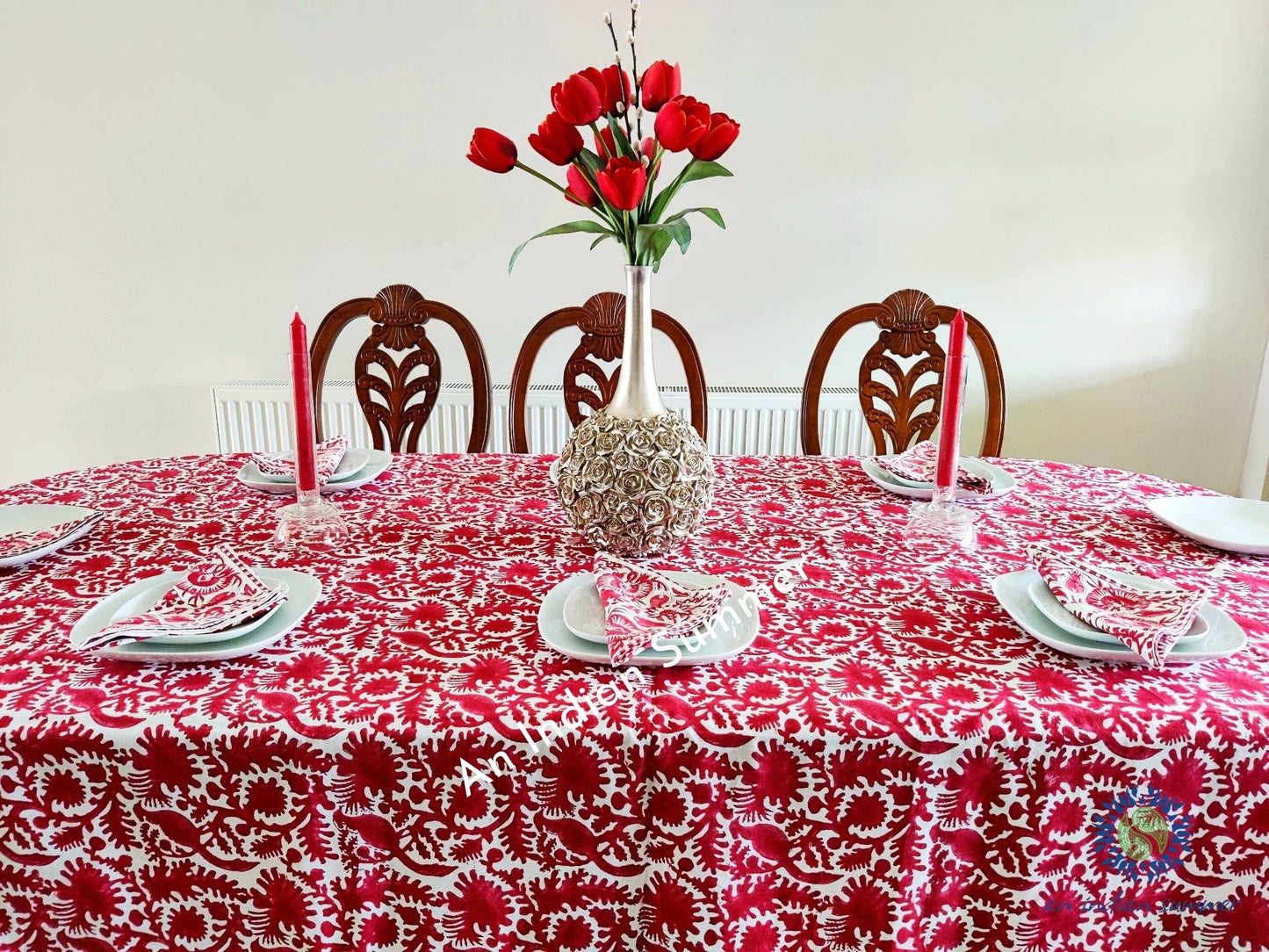 Tablecloth Napkins | Birdsong | Red | Wood Block Print | Hand Block Printed | Cotton | An Indian Summer | Seasonless Timeless Sustainable Ethical Authentic Artisan Conscious Clothing Lifestyle Brand