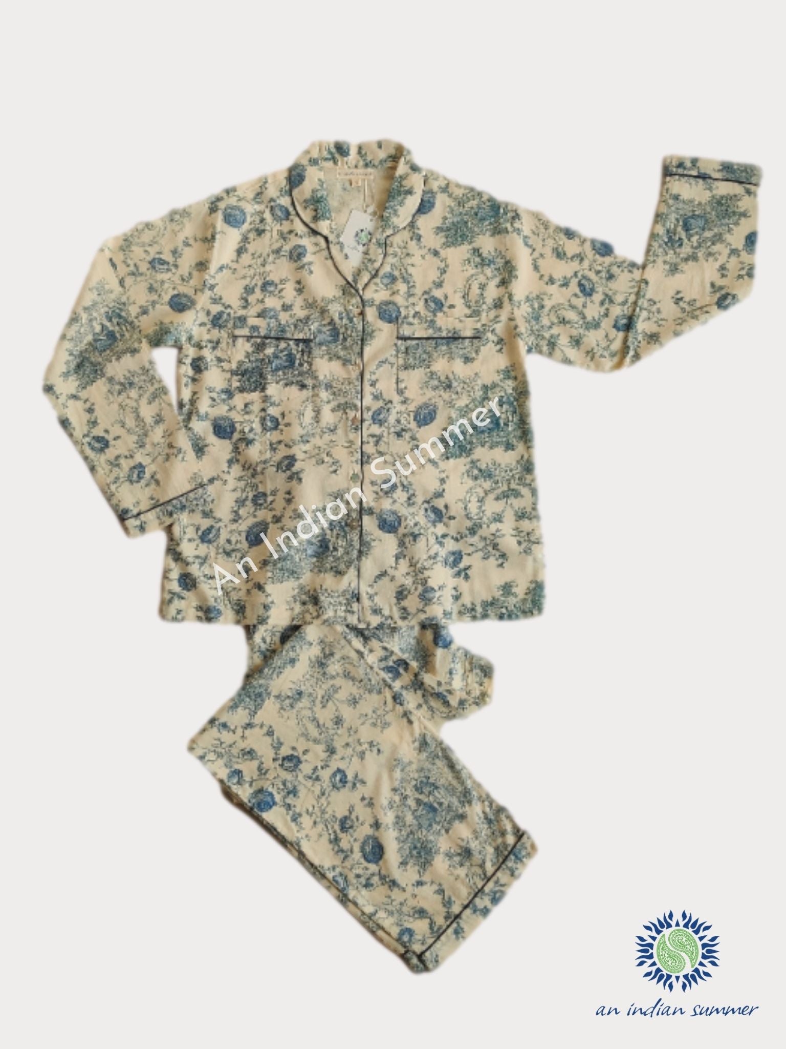 Toile De Jouy | Long Pyjama Set | French Blue | Premium Quality Poplin Cotton | An Indian Summer | Seasonless Timeless Sustainable Ethical Authentic Artisan Conscious Clothing Lifestyle Brand