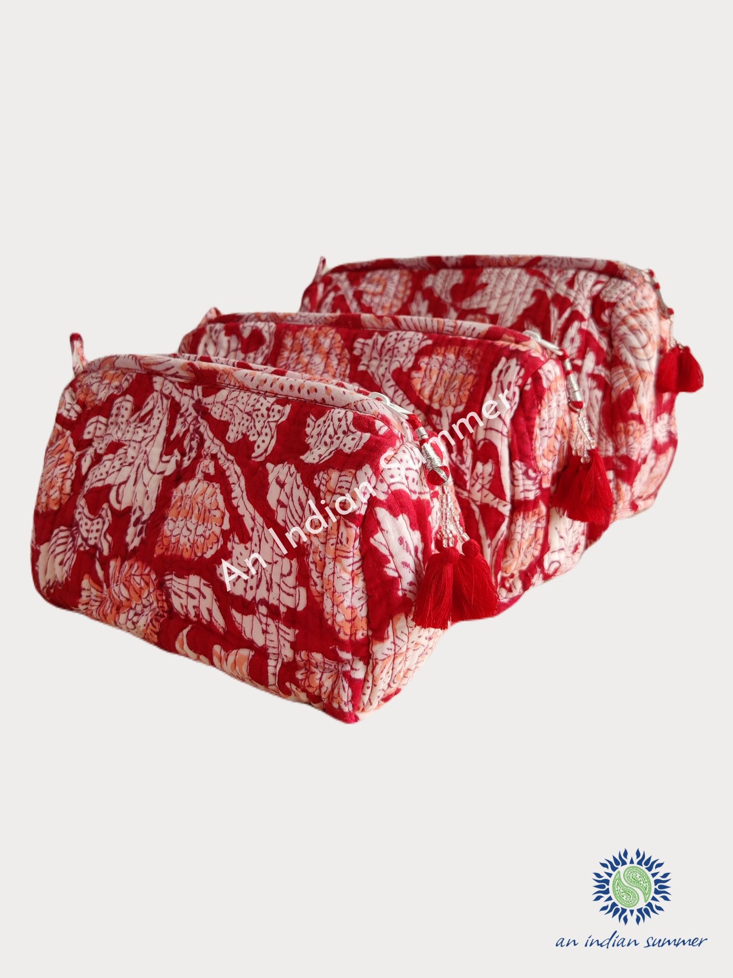 Set of 3 Washbags | Red | Hand Printed | Cotton | An Indian Summer | Seasonless Timeless Sustainable Ethical Authentic Artisan Conscious Clothing Lifestyle Brand