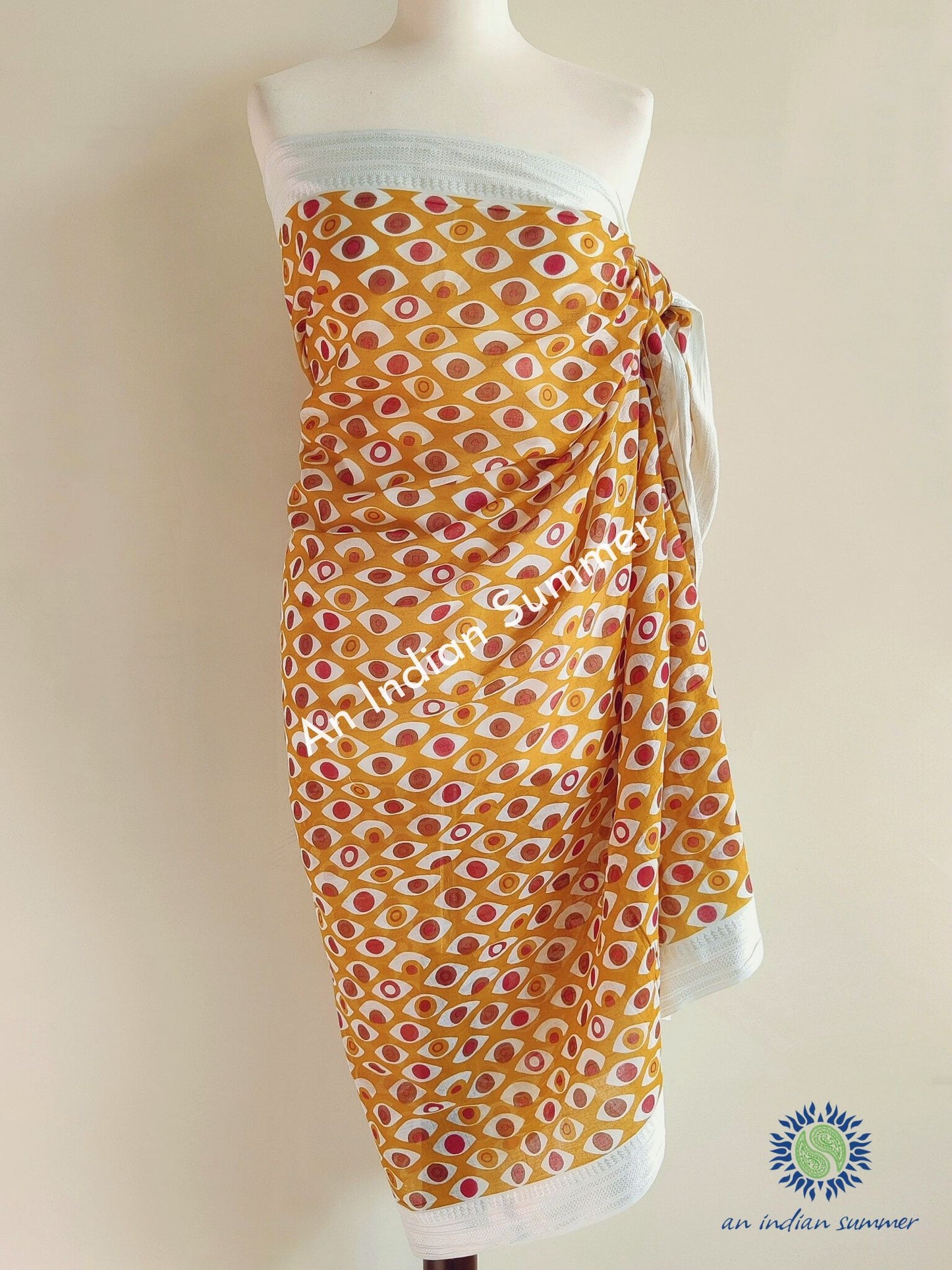 Evil Eye Woven Border Sarong Pareo | Mustard Yellow | Hand Block Printed | Soft Cotton Voile | An Indian Summer | Resortwear Swimwear Beachwear | Seasonless Timeless Sustainable Ethical Authentic Artisan Conscious Clothing Lifestyle Brand