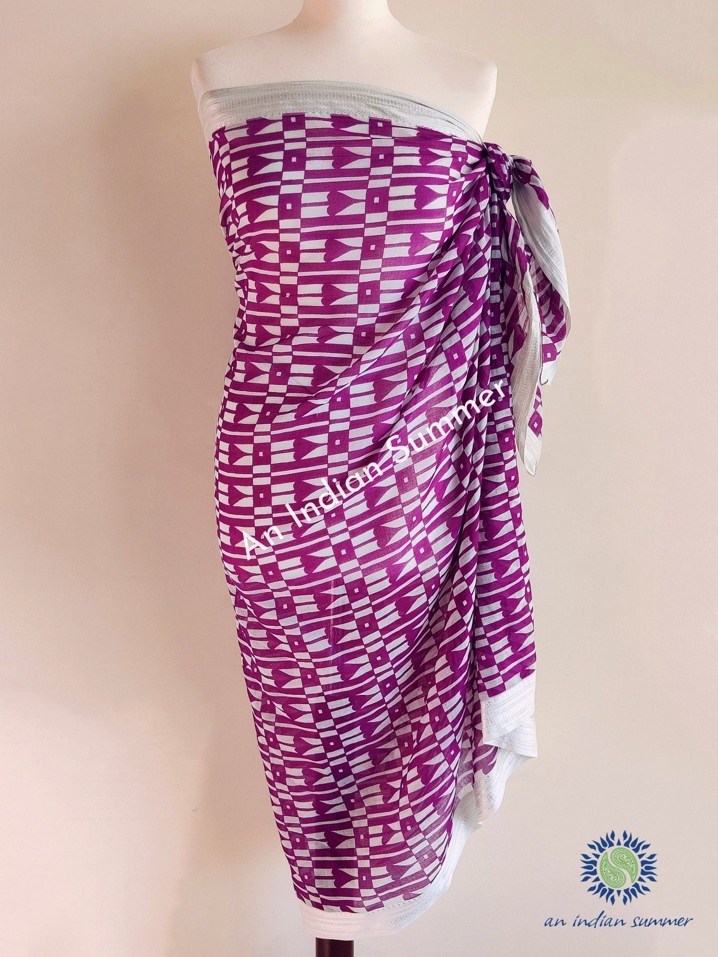 Hearts Woven Border Sarong Pareo | Magenta | Hand Block Printed | Soft Cotton Voile | An Indian Summer | Resortwear Swimwear Beachwear | Seasonless Timeless Sustainable Ethical Authentic Artisan Conscious Clothing Lifestyle Brand
