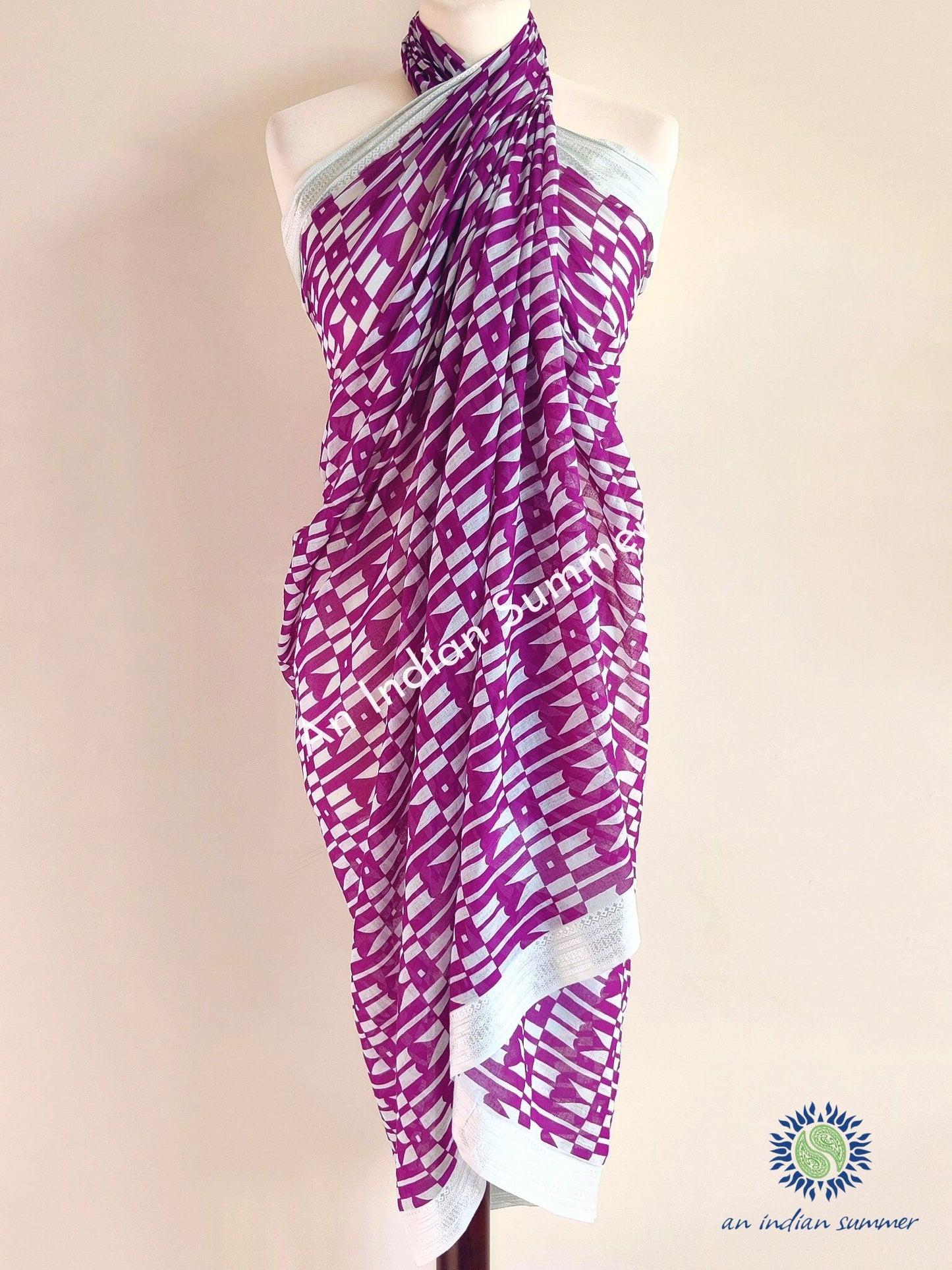 Hearts Woven Border Sarong Pareo | Magenta | Hand Block Printed | Soft Cotton Voile | An Indian Summer | Resortwear Swimwear Beachwear | Seasonless Timeless Sustainable Ethical Authentic Artisan Conscious Clothing Lifestyle Brand