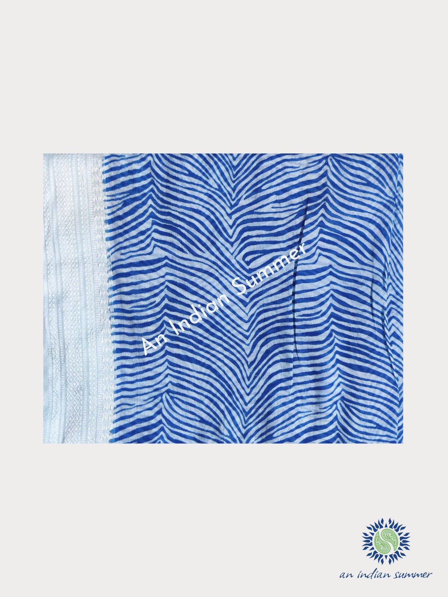 Savannah Woven Border Sarong Pareo | Blue | Hand Block Printed | Soft Cotton Voile | An Indian Summer | Resortwear Swimwear Beachwear | Seasonless Timeless Sustainable Ethical Authentic Artisan Conscious Clothing Lifestyle Brand