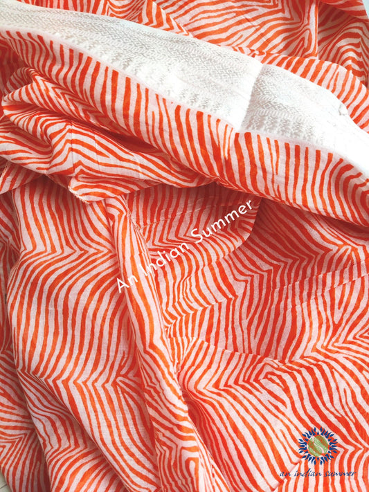 Savannah Woven Border Sarong Pareo | Orange | Hand Block Printed | Soft Cotton Voile | An Indian Summer | Resortwear Swimwear Beachwear | Seasonless Timeless Sustainable Ethical Authentic Artisan Conscious Clothing Lifestyle Brand