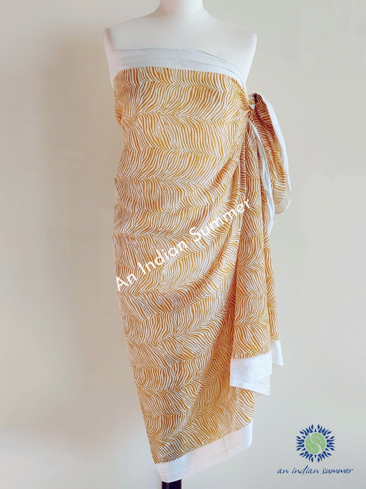 Savannah Woven Border Sarong Pareo | Mustard Yellow | Hand Block Printed | Soft Cotton Voile | An Indian Summer | Resortwear Swimwear Beachwear | Seasonless Timeless Sustainable Ethical Authentic Artisan Conscious Clothing Lifestyle Brand