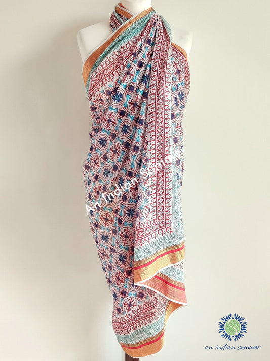 Tile Print Woven Border Sarong Pareo | Red | Hand Block Printed | Soft Cotton Voile | An Indian Summer | Seasonless Timeless Sustainable Ethical Authentic Artisan Conscious Clothing Lifestyle Brand