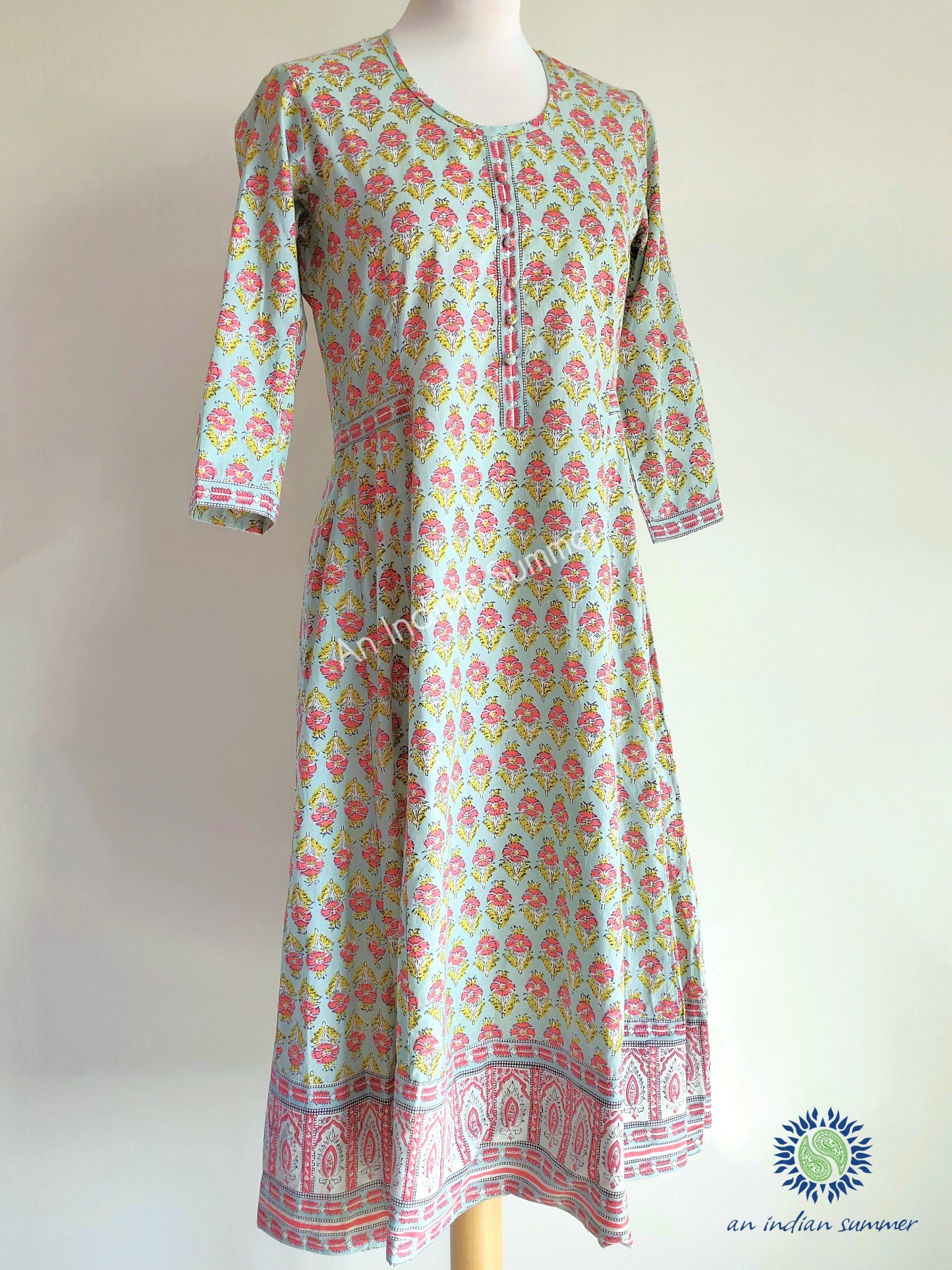 Aurora Dress | Duck Egg Blue | Floral Print | Hand Block Printed | Cotton | An Indian Summer | Seasonless Timeless Sustainable Ethical Authentic Artisan Conscious Clothing Lifestyle Brand