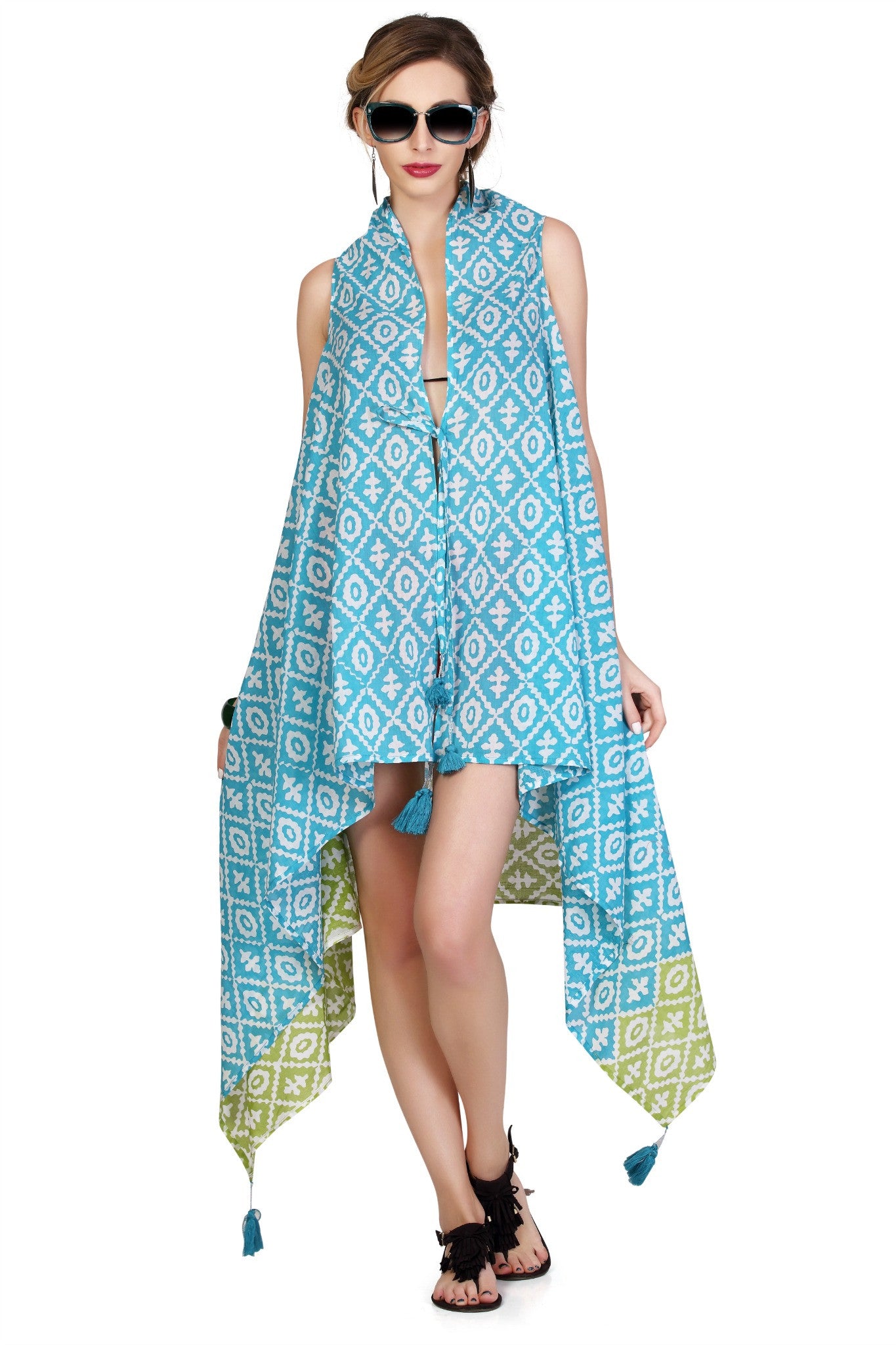 Bahamas Sleeveless Jacket Cover Up - Turquoise & Lime - An Indian Summer
