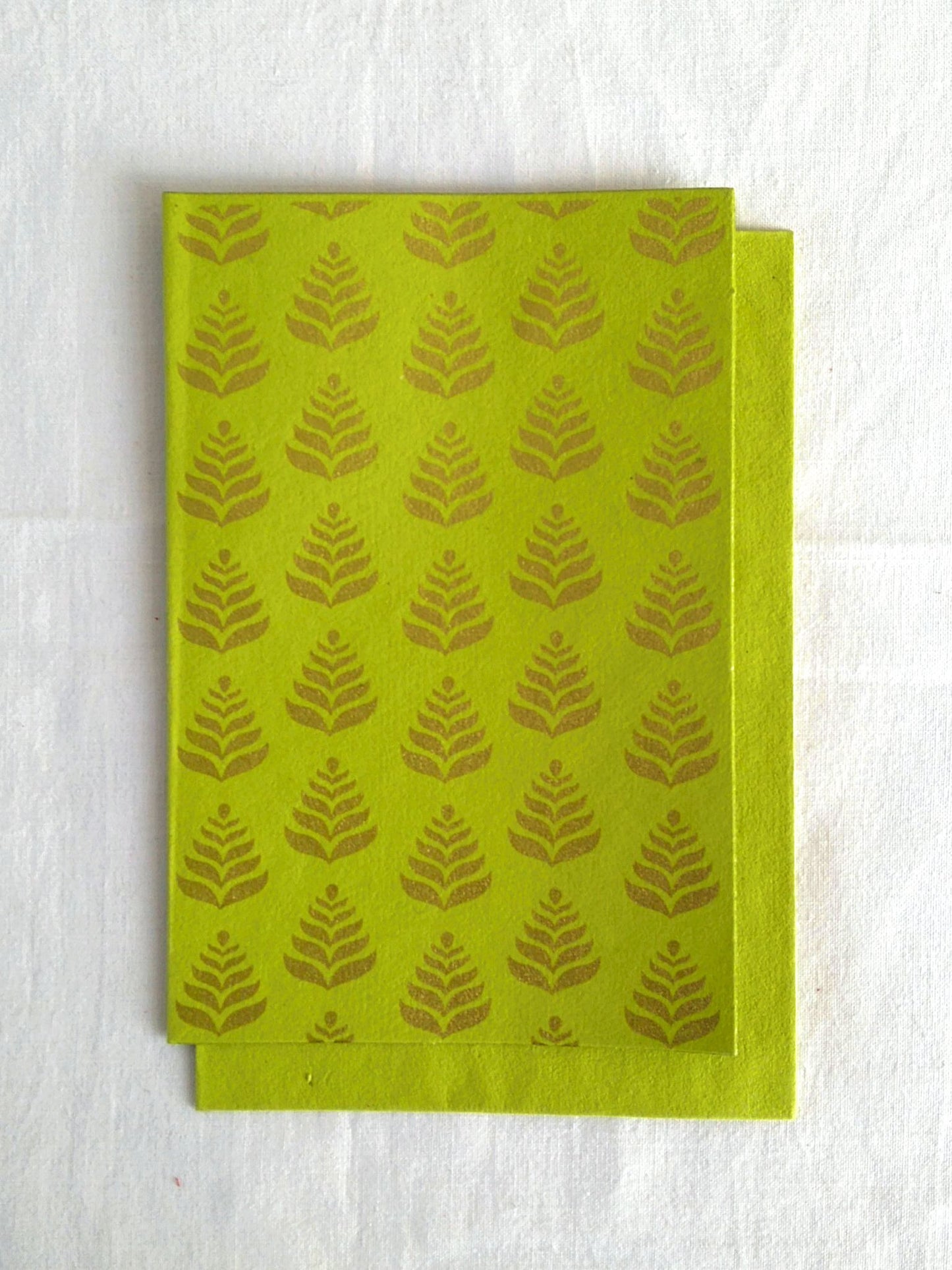 Chartreuse Lime - Set of 5 Gold Fern Motif Hand Block Printed Cards - An Indian Summer