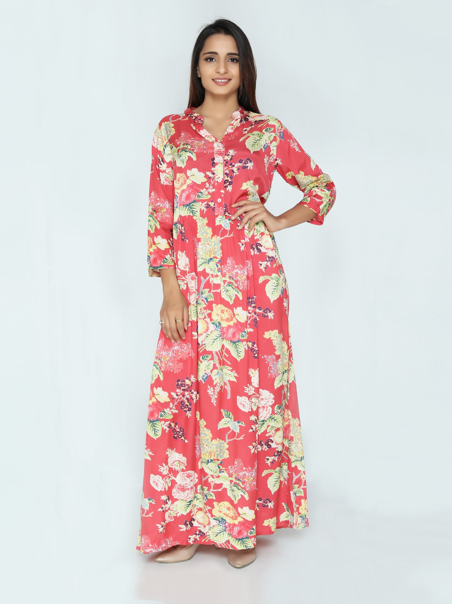 Grace Maxi Dress | Bold Coral Floral Print Roses | An Indian Summer | Seasonless Timeless Sustainable Ethical Authentic Artisan Conscious Clothing Lifestyle Brand