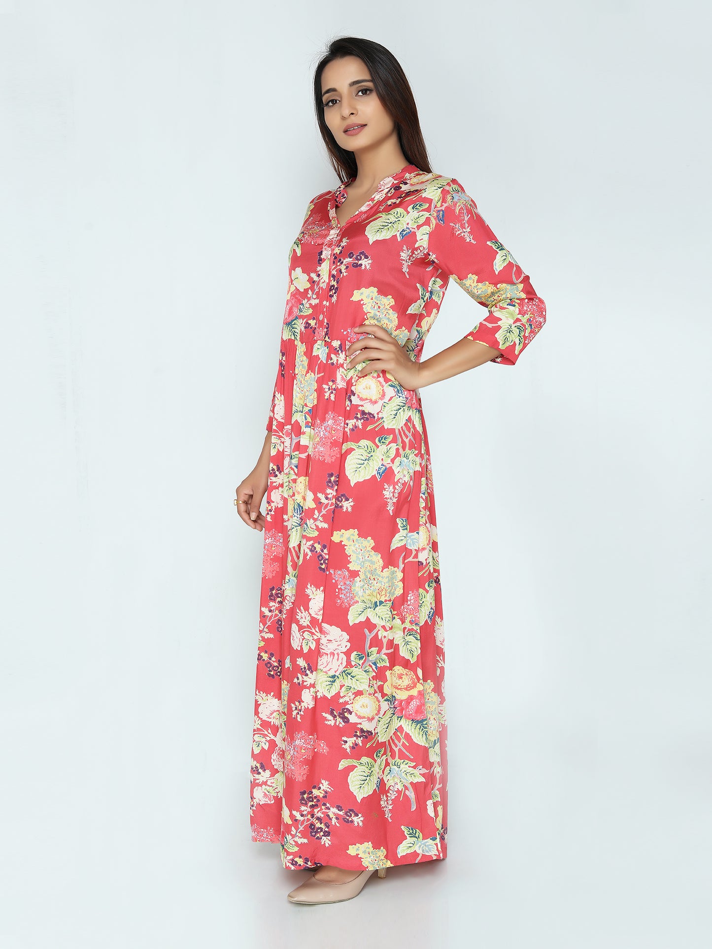 Grace Maxi Dress | Bold Coral Floral Print Roses | An Indian Summer | Seasonless Timeless Sustainable Ethical Authentic Artisan Conscious Clothing Lifestyle Brand