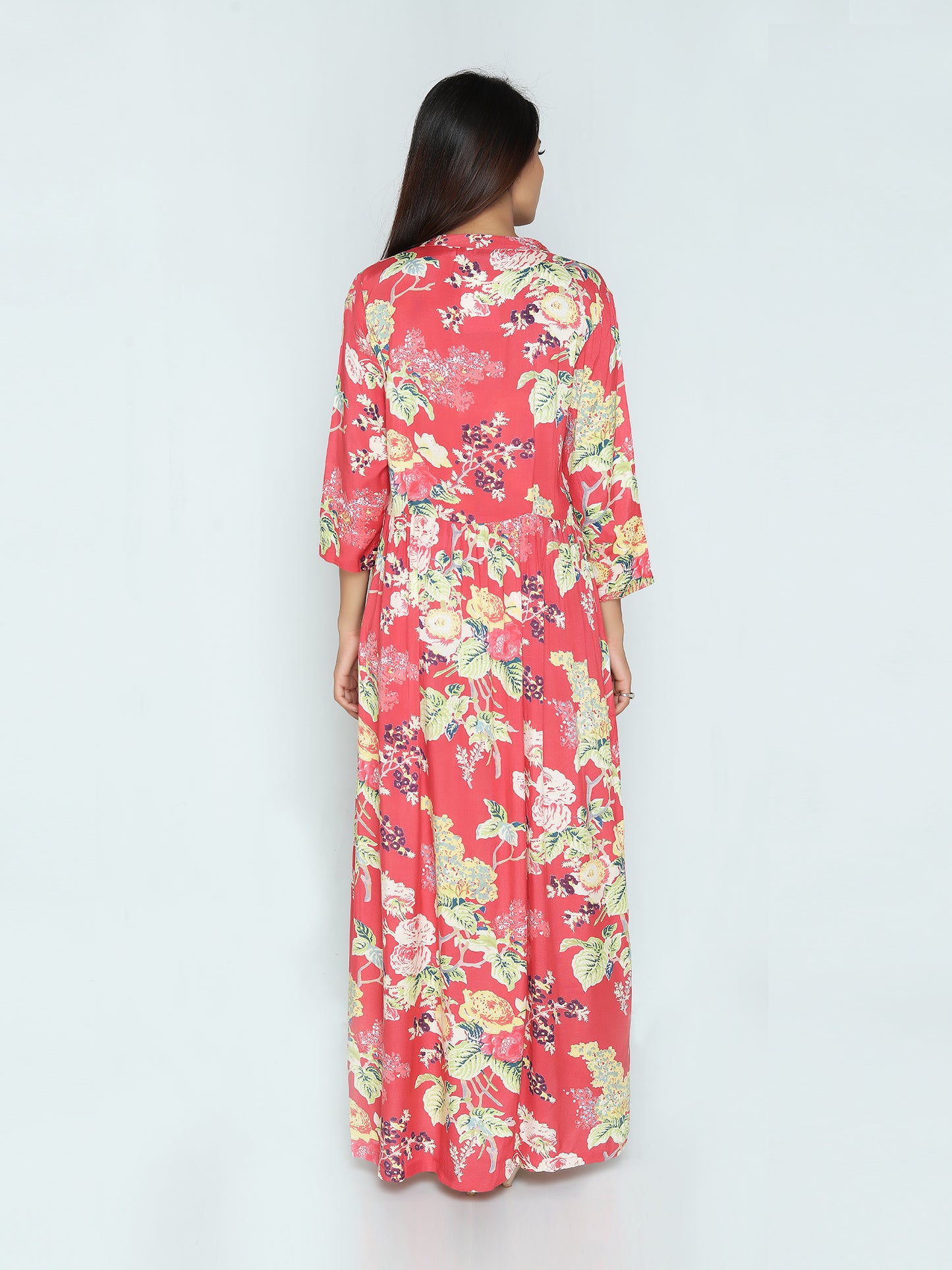 Grace Maxi Dress | Bold Coral Floral Print Roses | An Indian Summer | Seasonless Timeless Sustainable Ethical Authentic Artisan Conscious Clothing Lifestyle Brand