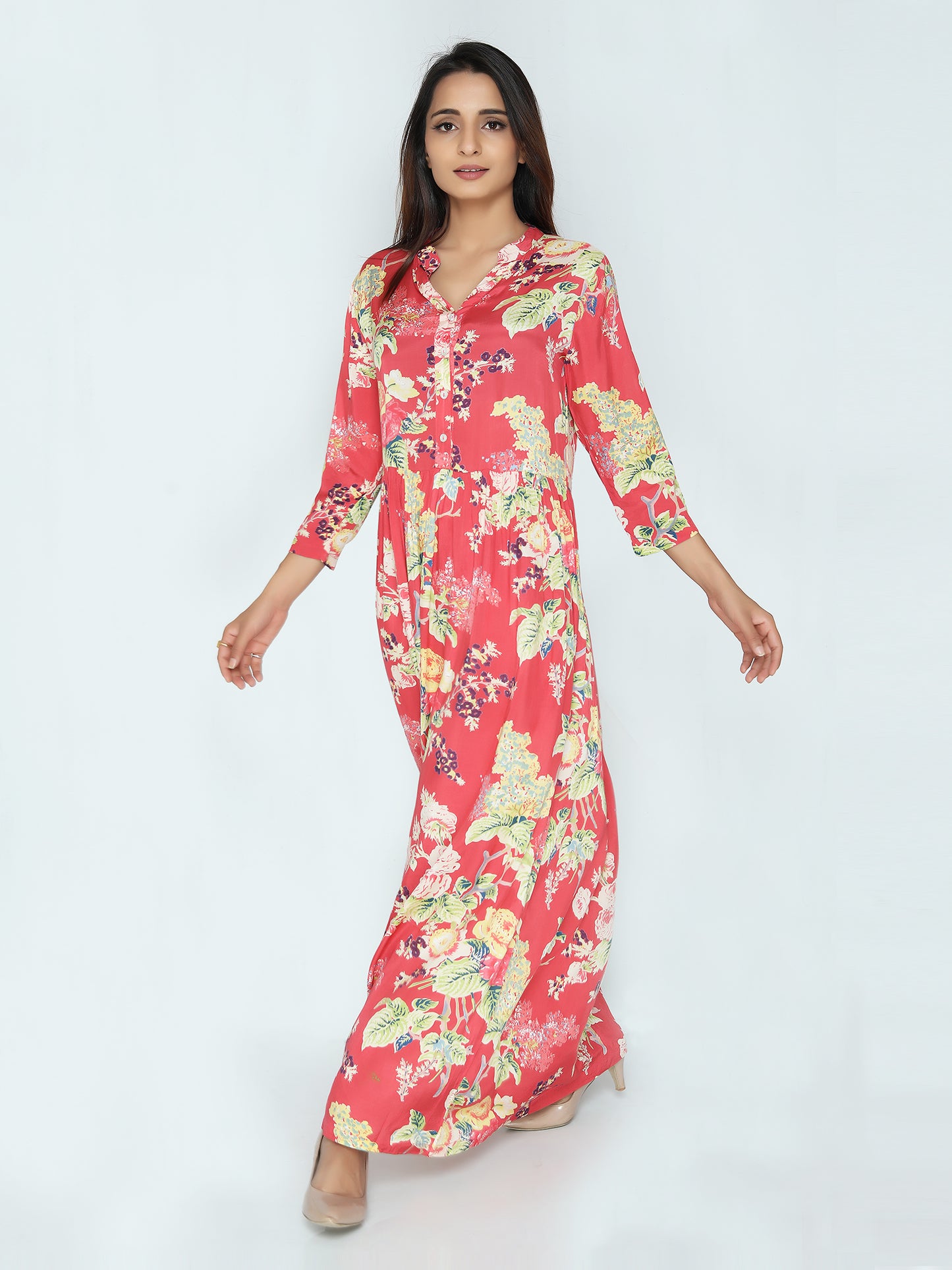 Grace Maxi Dress | Bold Coral Floral Print Roses | An Indian Summer | Seasonless Timeless Sustainable Ethical Authentic Artisan Conscious Clothing Lifestyle Brand