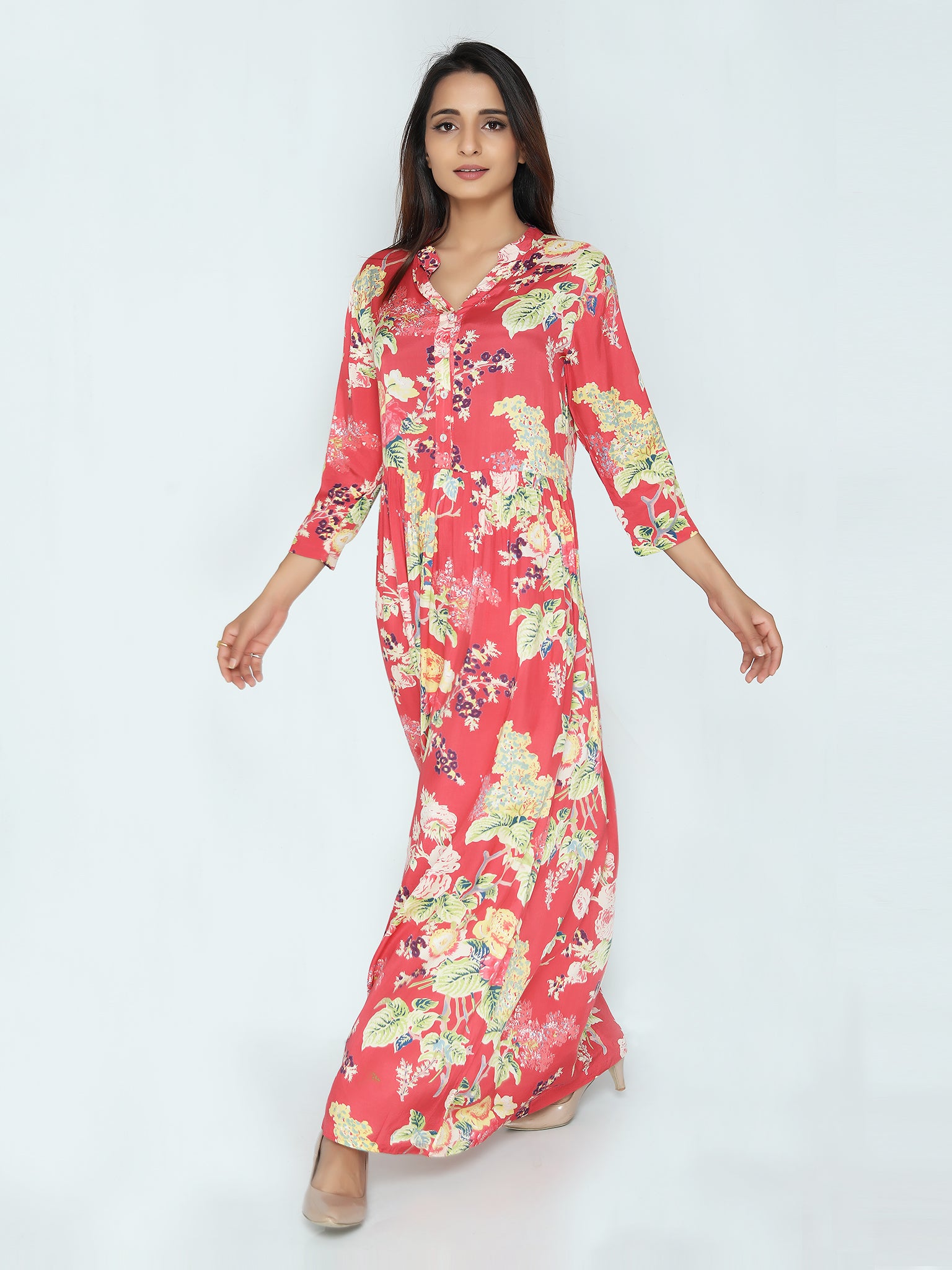 Grace Maxi Dress | Bold Coral Floral Print Roses | An Indian Summer | Seasonless Timeless Sustainable Ethical Authentic Artisan Conscious Clothing Lifestyle Brand