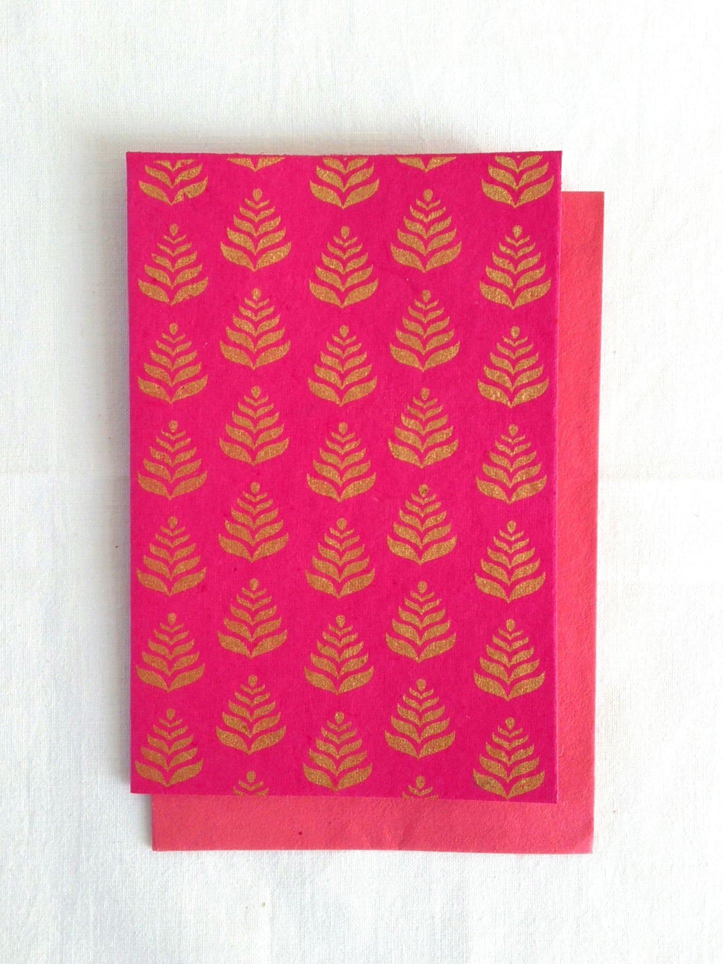 Rani Pink - Set of 5 Gold Fern Motif Hand Block Printed Cards - An Indian Summer
