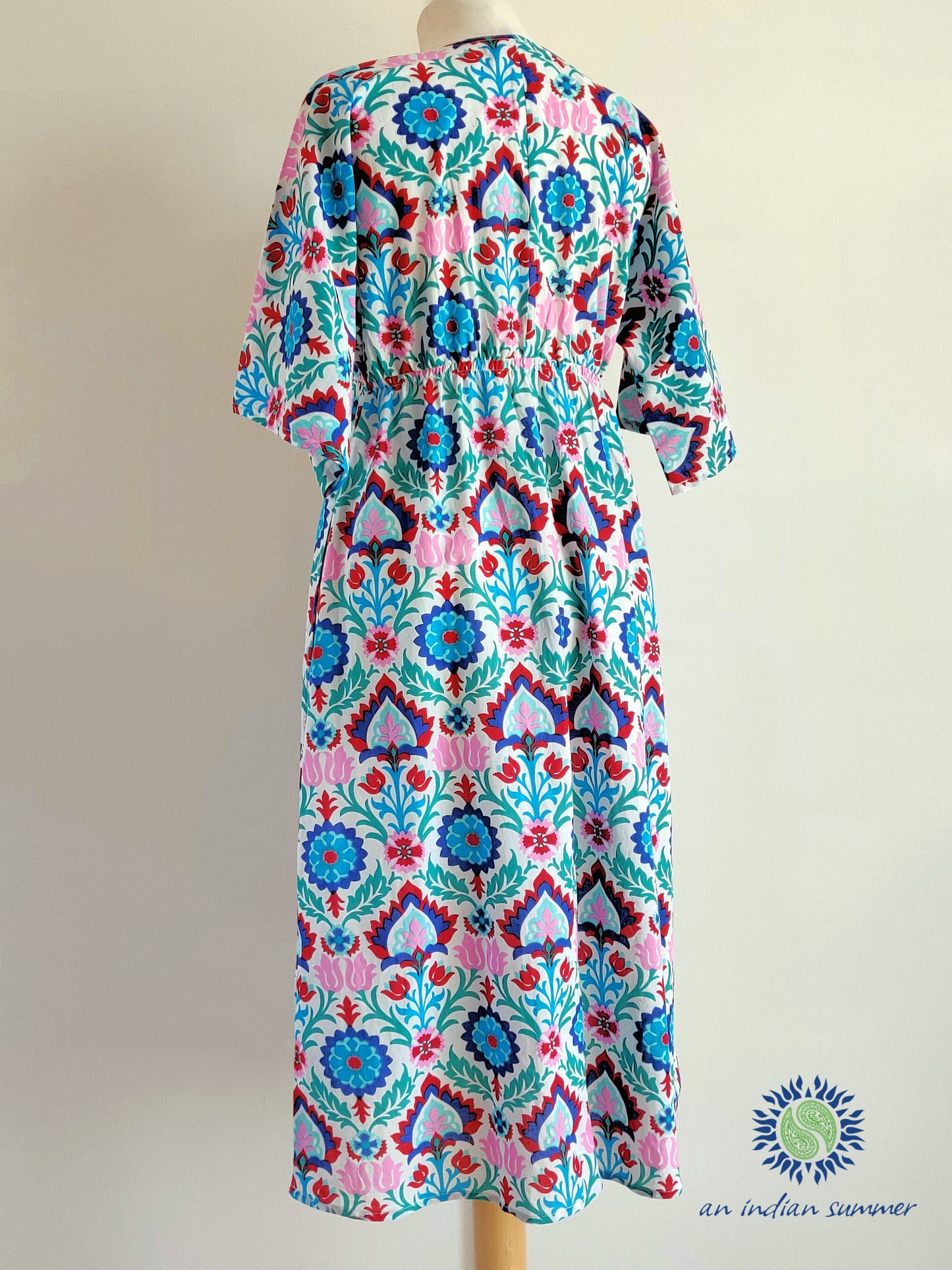 An Indian Summer Samara Dress Turquoise & Pink Comfortable Easy-fit House Dress Ideal for Lounging or on the beach | Elasticated back | One Size | Cotton Voile | Handcrafted