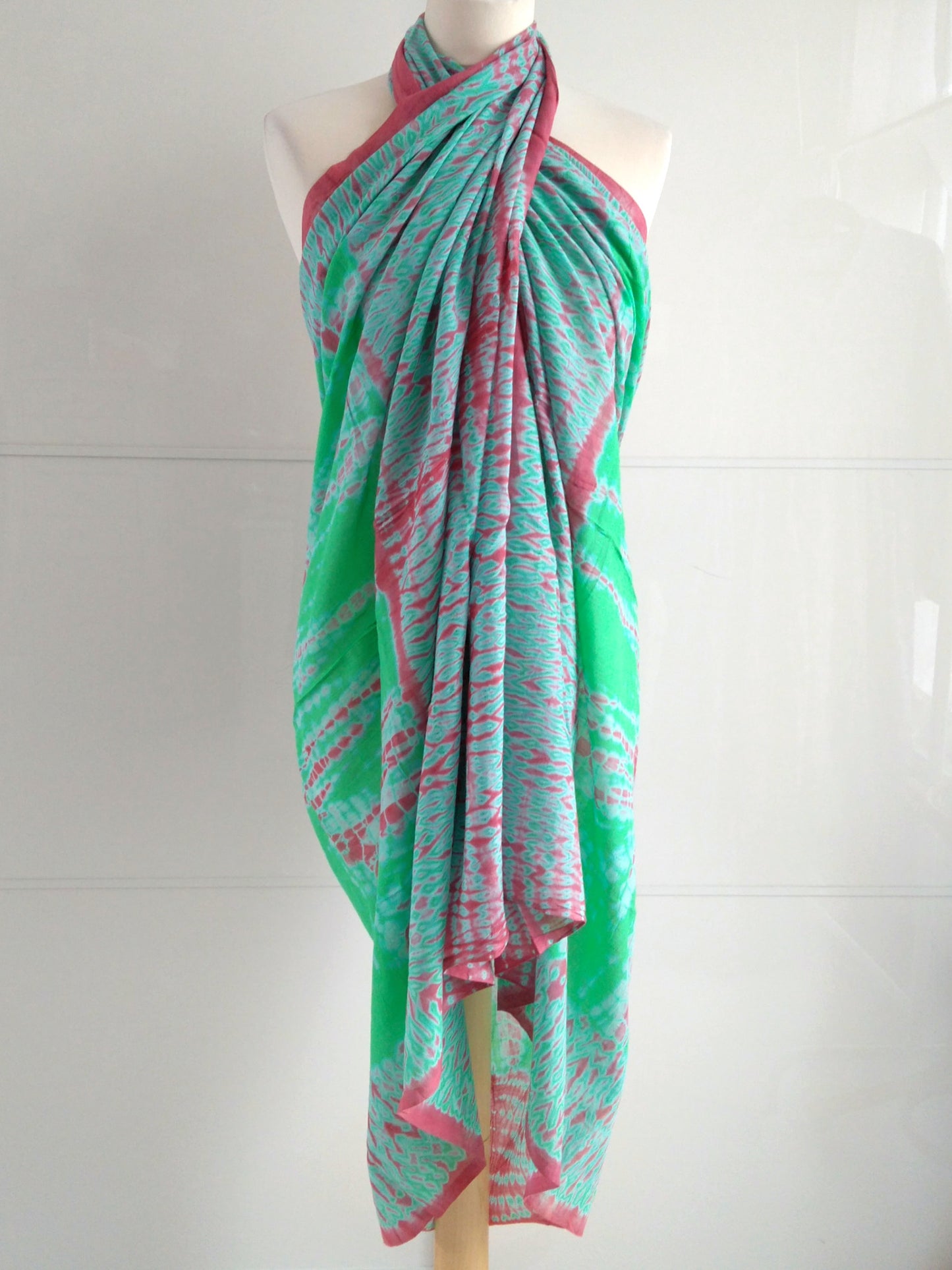 Shibori Sarong Pareo | Sea Green & Coral | Hand Tie Dyed | Soft Cotton Voile | An Indian Summer | Luxury Resortwear Swimwear Beachwear | Seasonless Timeless Sustainable Ethical Authentic Artisan Conscious Clothing Lifestyle Brand
