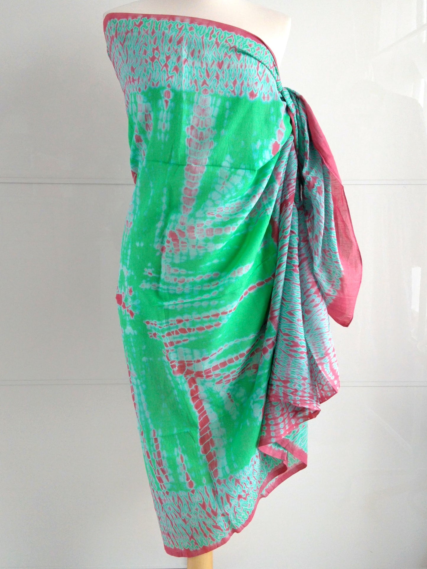 Shibori Sarong Pareo | Sea Green & Coral | Hand Tie Dyed | Soft Cotton Voile | An Indian Summer | Luxury Resortwear Swimwear Beachwear | Seasonless Timeless Sustainable Ethical Authentic Artisan Conscious Clothing Lifestyle Brand
