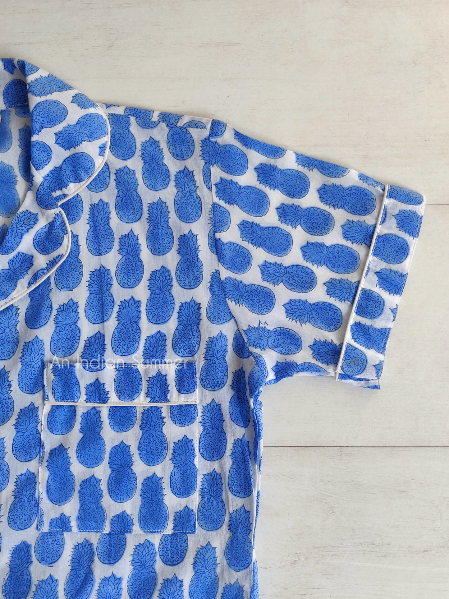 Short Pyjama Set | Pineapple Print | Blue | Hand Block Printed | Cotton Voile | An Indian Summer