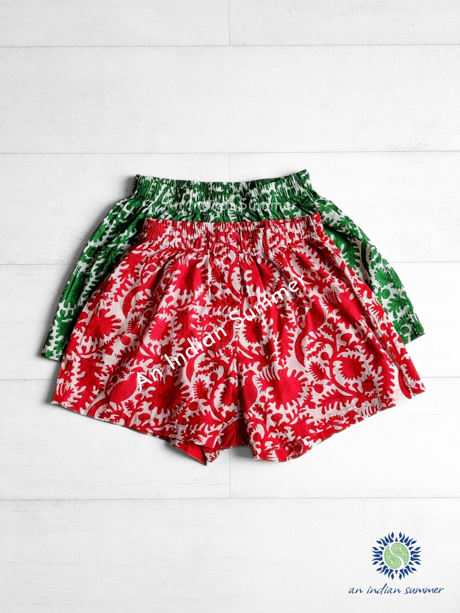 An Indian Summer Birdsong Boxer Shorts Gift Set - Red Green - Hand Block Printed Cotton Voile - Sustainable Ethical Artisan Brand