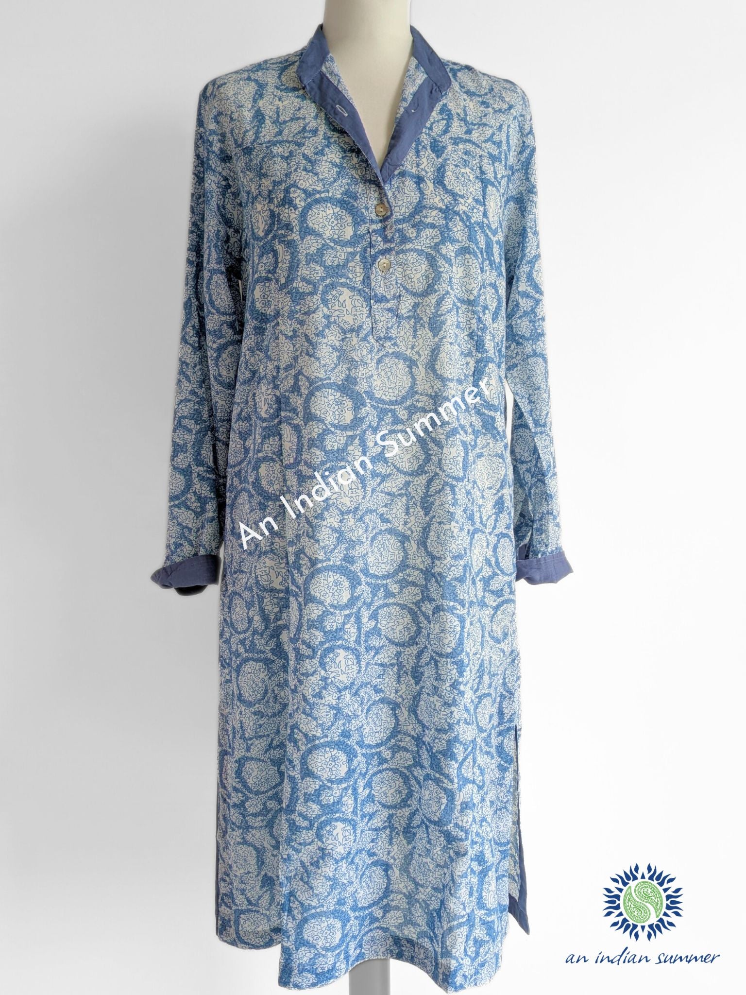 Blossom Tunic Dress Blue Dusky Mid-Blue | Hand Block Printed | Cotton Voile | An Indian Summer | Seasonless Timeless Sustainable Ethical Authentic Artisan Conscious Clothing Lifestyle Brand