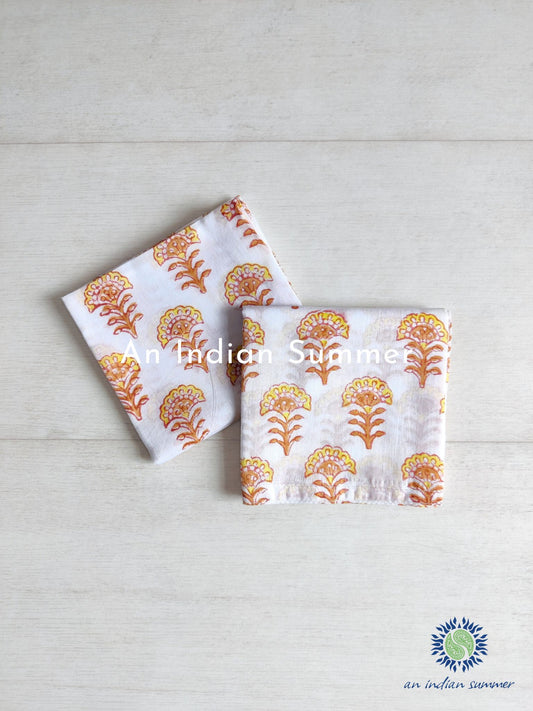 Cotton Mulmul Handkerchiefs | Yellow Beige Floral Buti | Hand Block Printed Cotton Voile | An Indian Summer | Authentic Timeless Sustainable Ethical Artisan Conscious Responsible Clothing