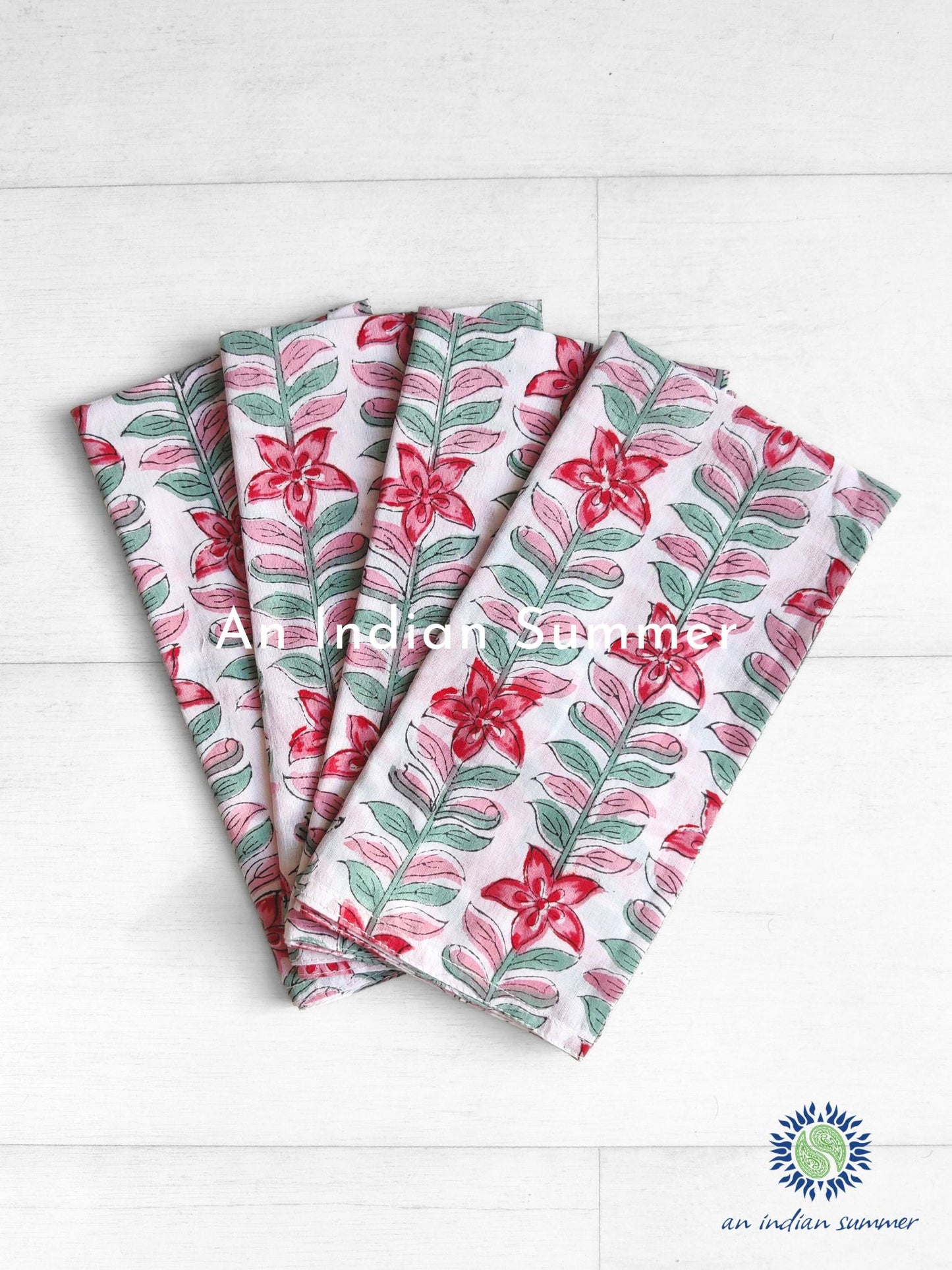 Cotton Napkins - Set of 4 - Floral Vine White & Pink