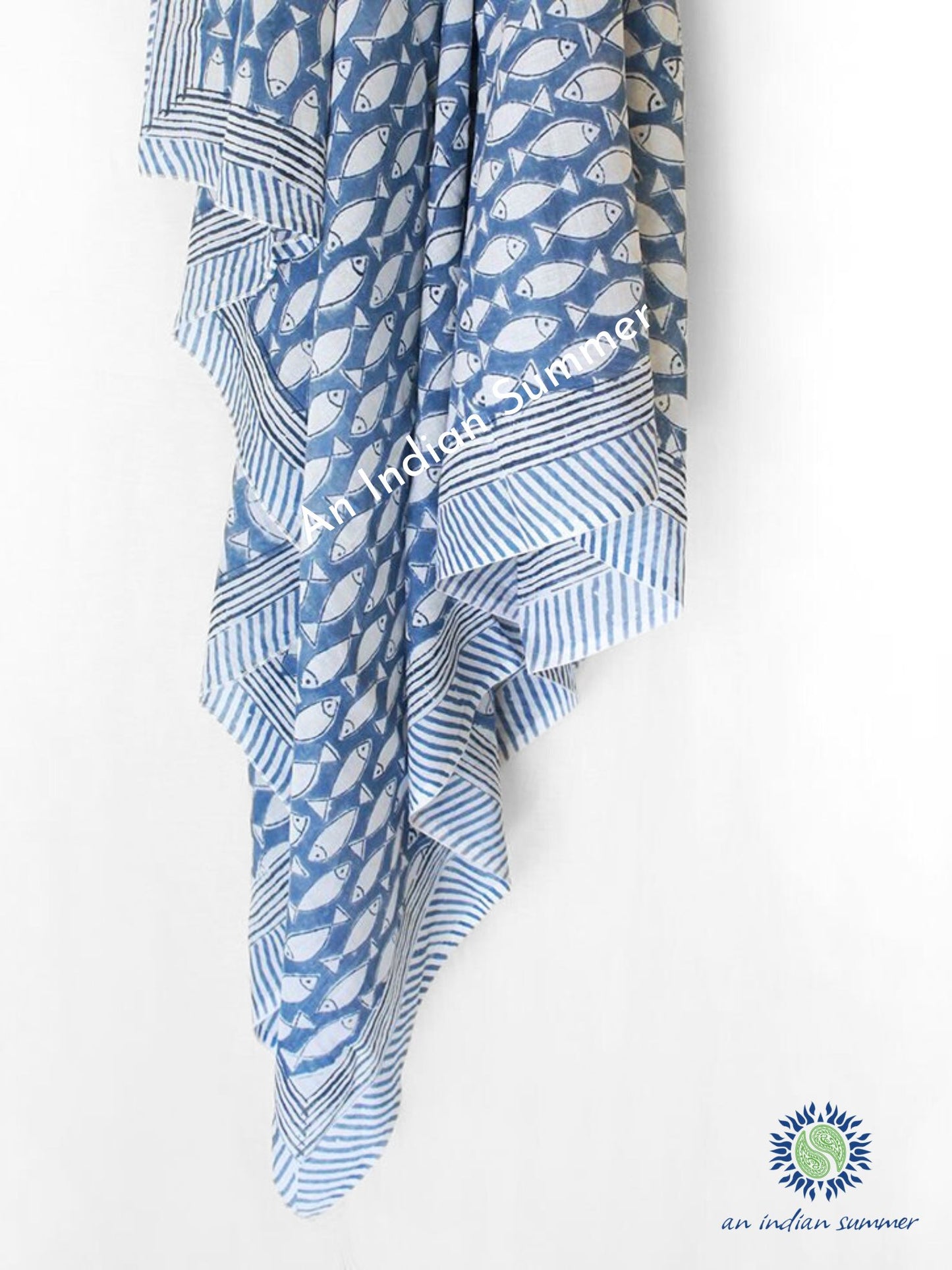 Fish Sarong | Blue | Hand Block Printed | Soft Cotton Voile | An Indian Summer | Resortwear Swimwear Beachwear | Seasonless Timeless Sustainable Ethical Authentic Artisan Conscious Clothing Lifestyle Brand