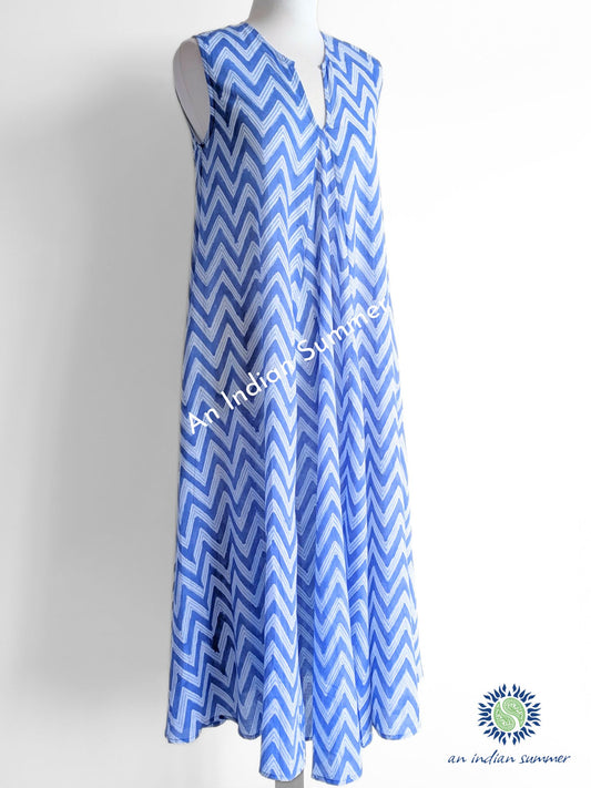 Sleeveless Midi Dress Kanebo | Blue | Zig Zag Chevron Block Print | Hand Block Printed | Cotton Voile | An Indian Summer | Seasonless Timeless Sustainable Ethical Authentic Artisan Conscious Clothing Lifestyle Brand