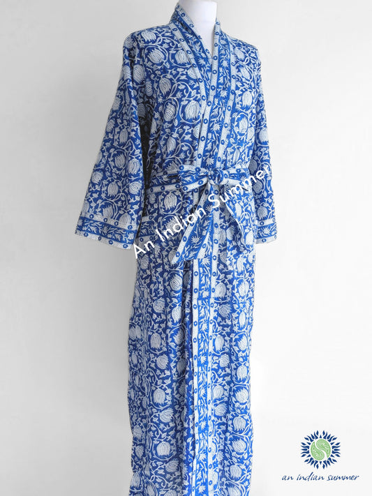 An Indian Summer Long Kimono Robe Blue & White Lotus Print. A blue and white block-printed cotton robe with a matching waist tie belt, cotton kimono, cotton dressing gown in a classic timeless blue & white floral print. Bridal party, baby shower gift, hostess gift. Hand block printed cotton dressing gown.