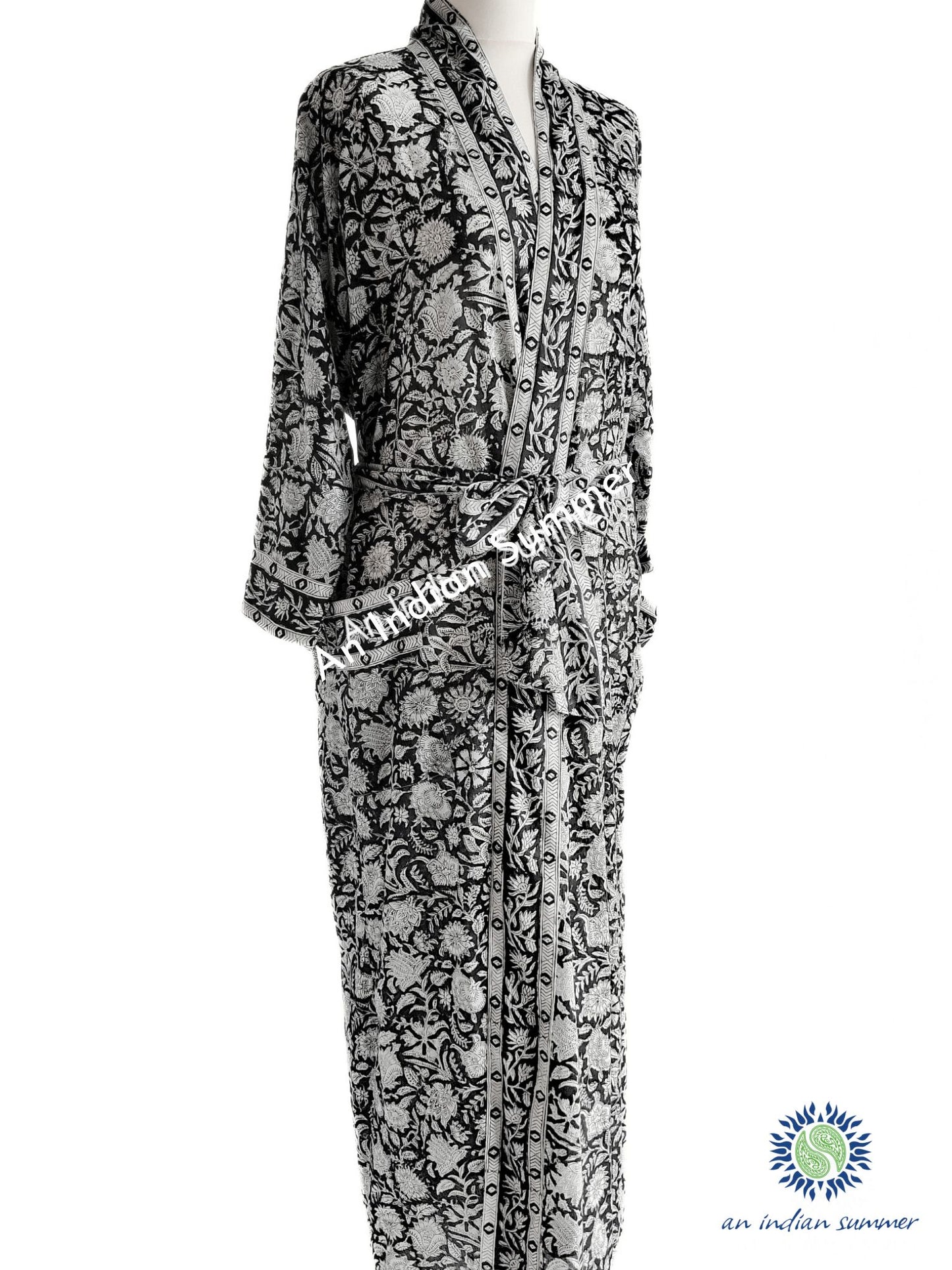 Long Kimono Robe | Meadow | Black & White | Floral Block Print | Hand Block Printed | Cotton Voile | An Indian Summer | Seasonless Timeless Sustainable Ethical Authentic Artisan Conscious Clothing Lifestyle Brand