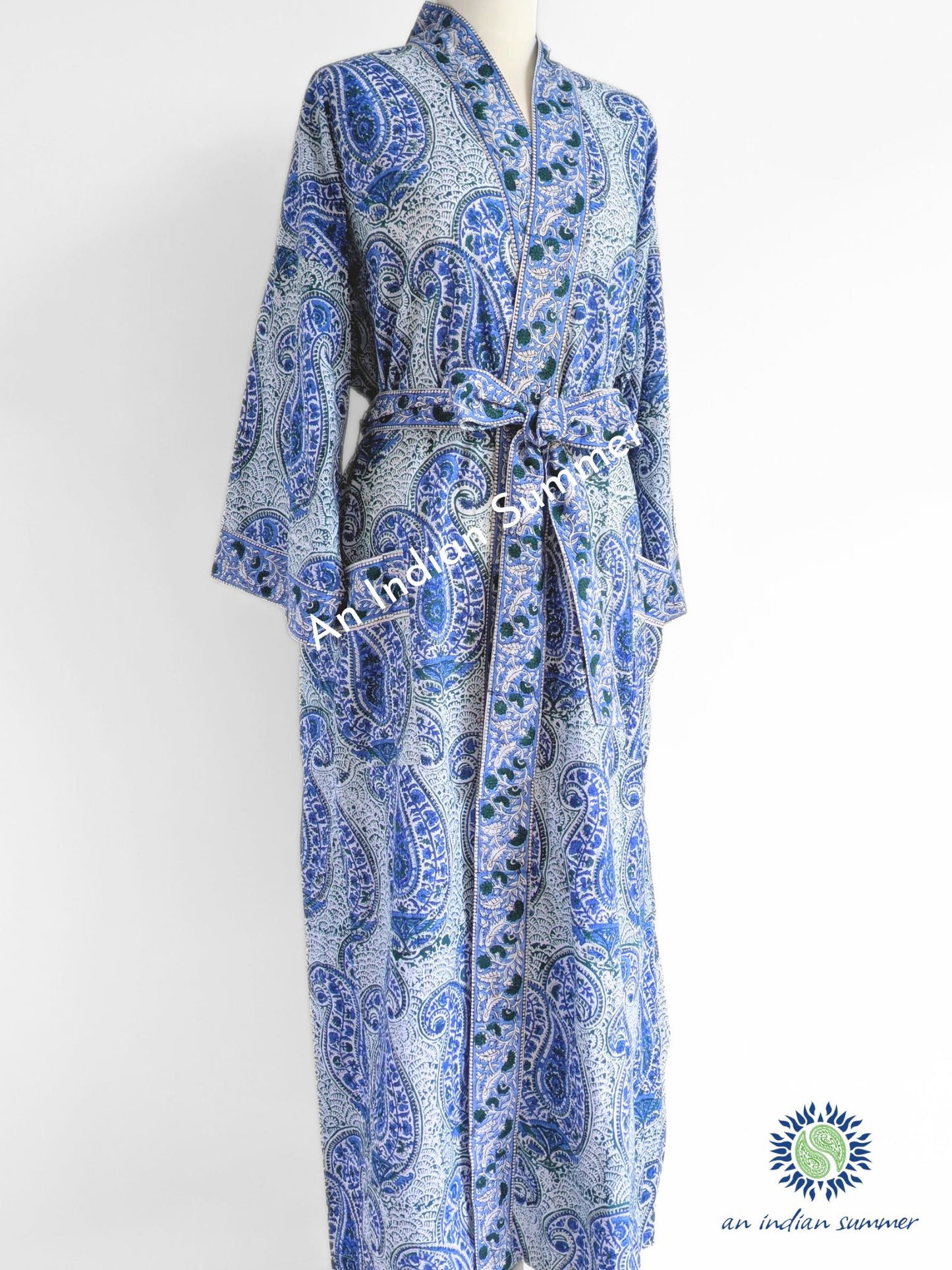 Kimono Robe - Paisley Block Print - Blue & Green - Available in 2 Lengths