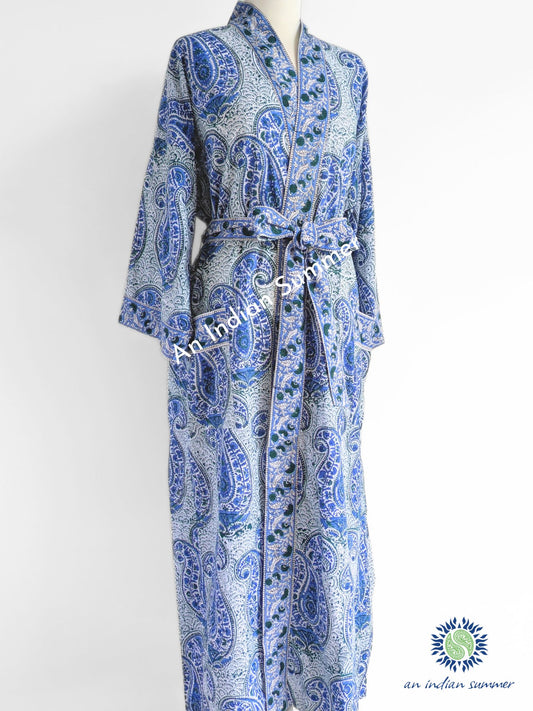 Robe Kimono - Paisley Block Print - Bleu &amp; Vert