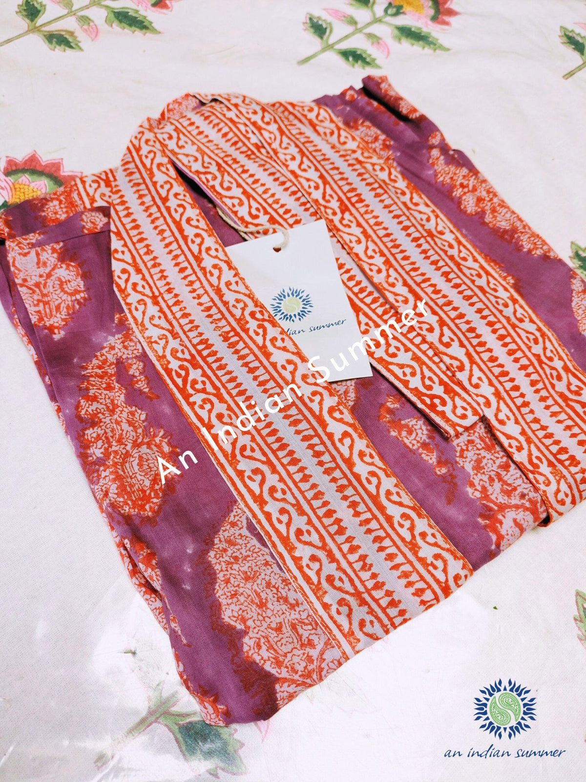 Kimono Robe - Paisley Block Print - Purple & Orange - Available in 2 Lengths