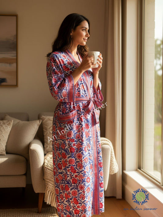Long Kimono Robe - Floral Block Print - Spice - Red & Blue
